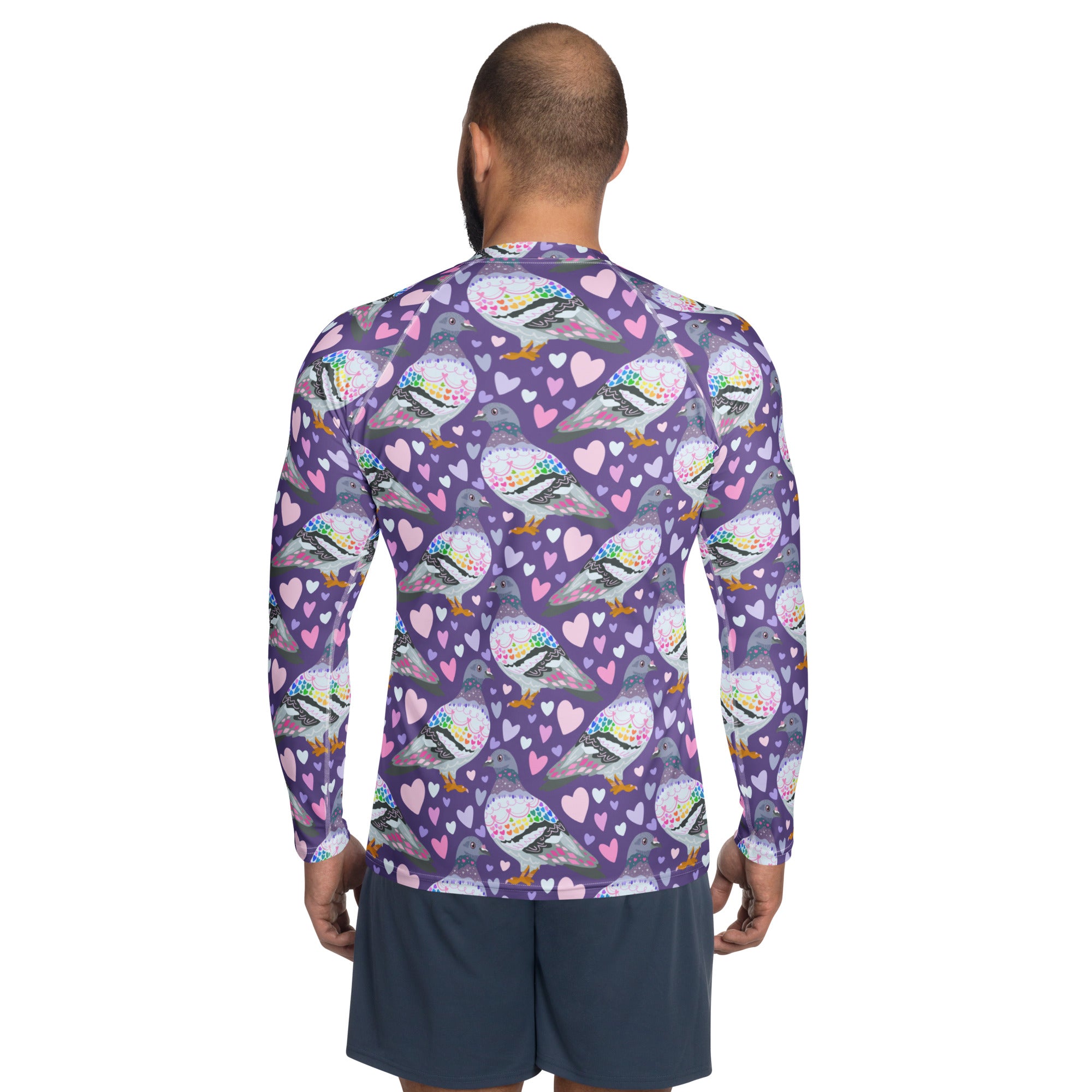 Unisex white long sleeve rash guard with all-over pigeon love print, made from recycled materials, by Printful.