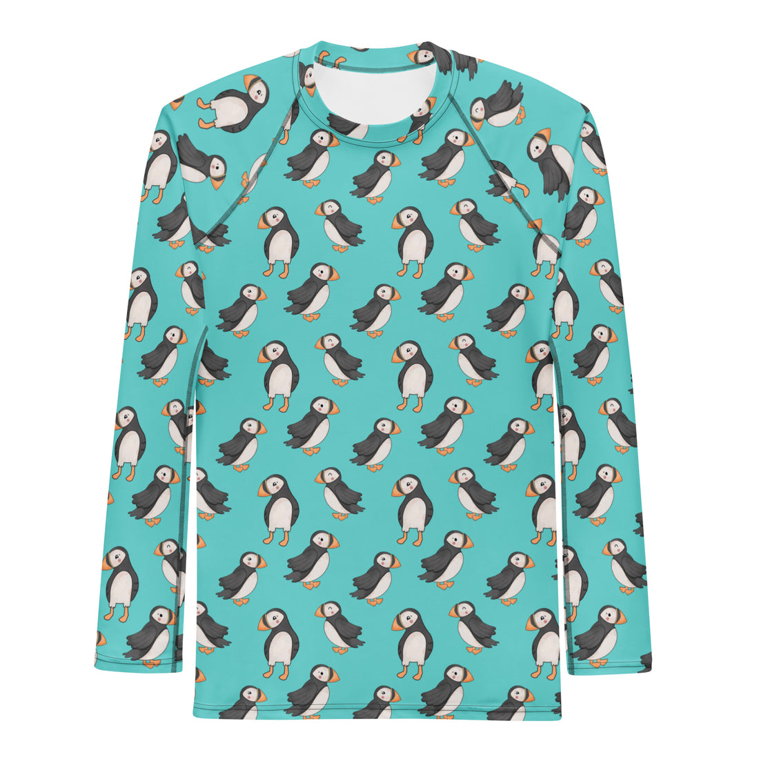 White Puffin unisex recycled long sleeve rash guard with all-over print, designed for sun protection and active water sports.