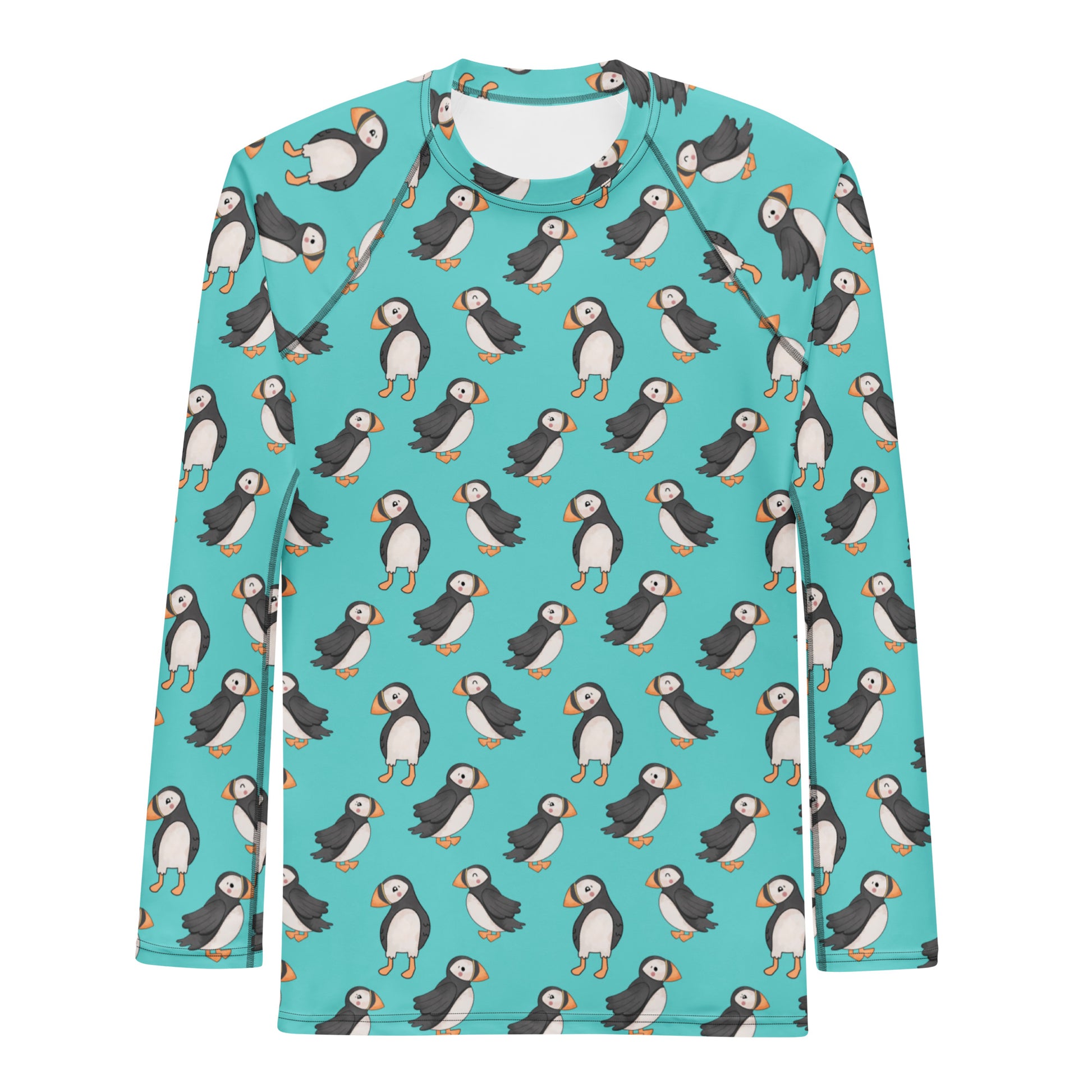 White Puffin unisex recycled long sleeve rash guard with all-over print, designed for sun protection and active water sports.