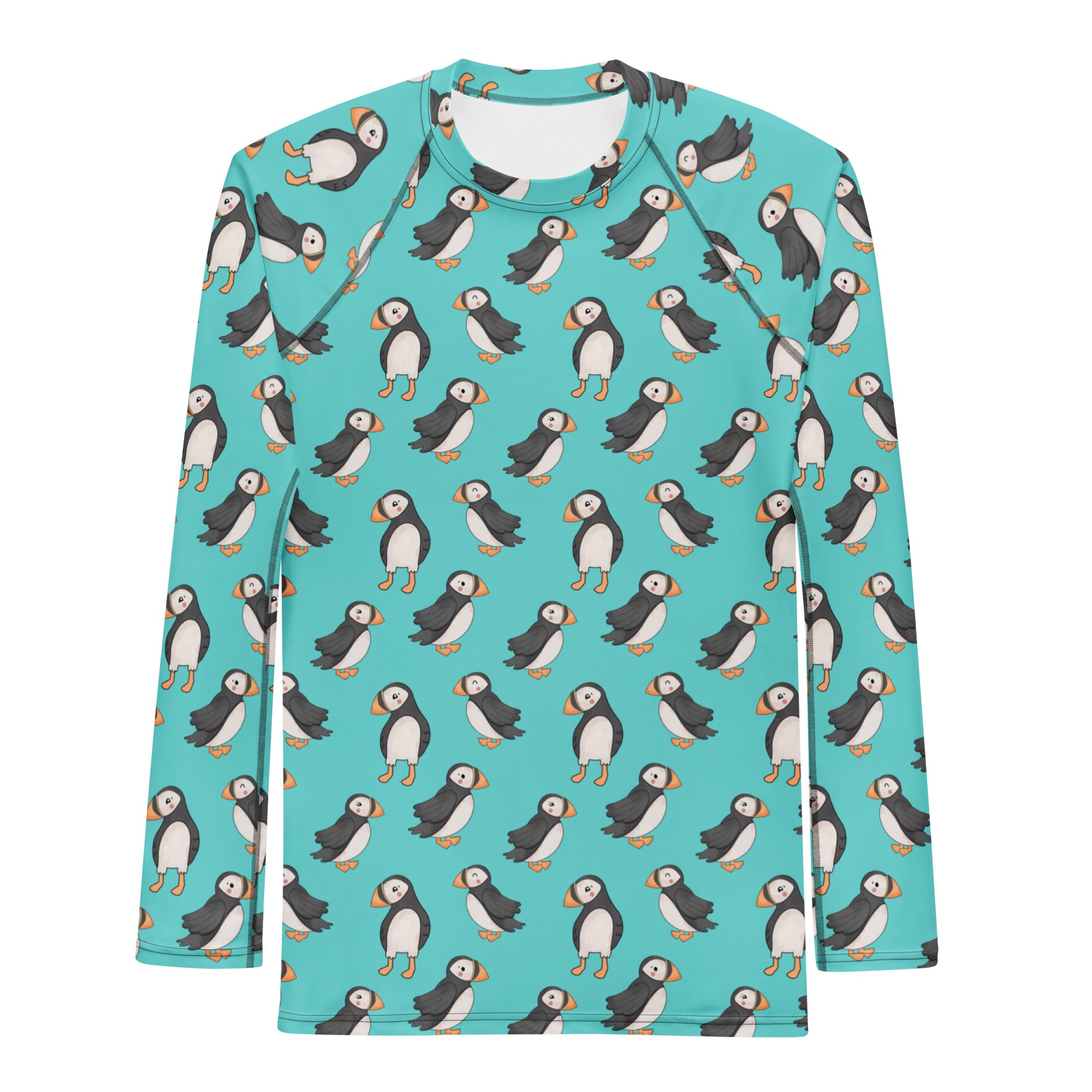 White Puffin unisex recycled long sleeve rash guard with all-over print, designed for sun protection and active water sports.