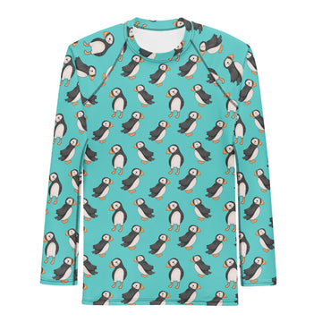 White Puffin unisex recycled long sleeve rash guard with all-over print, designed for sun protection and active water sports.