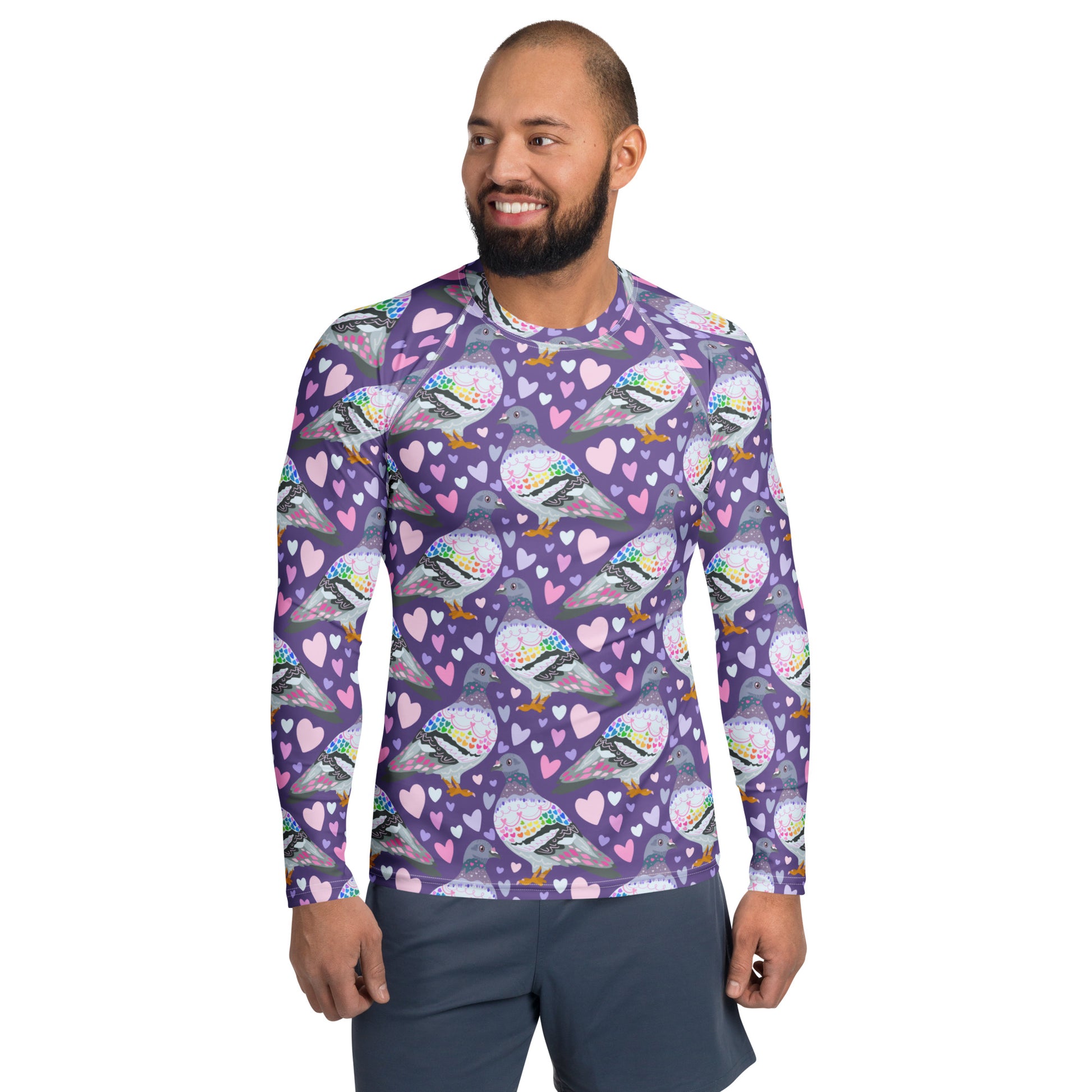 Unisex Pigeon Love recycled long sleeve rash guard with white all-over print, designed for sun protection and active wear.