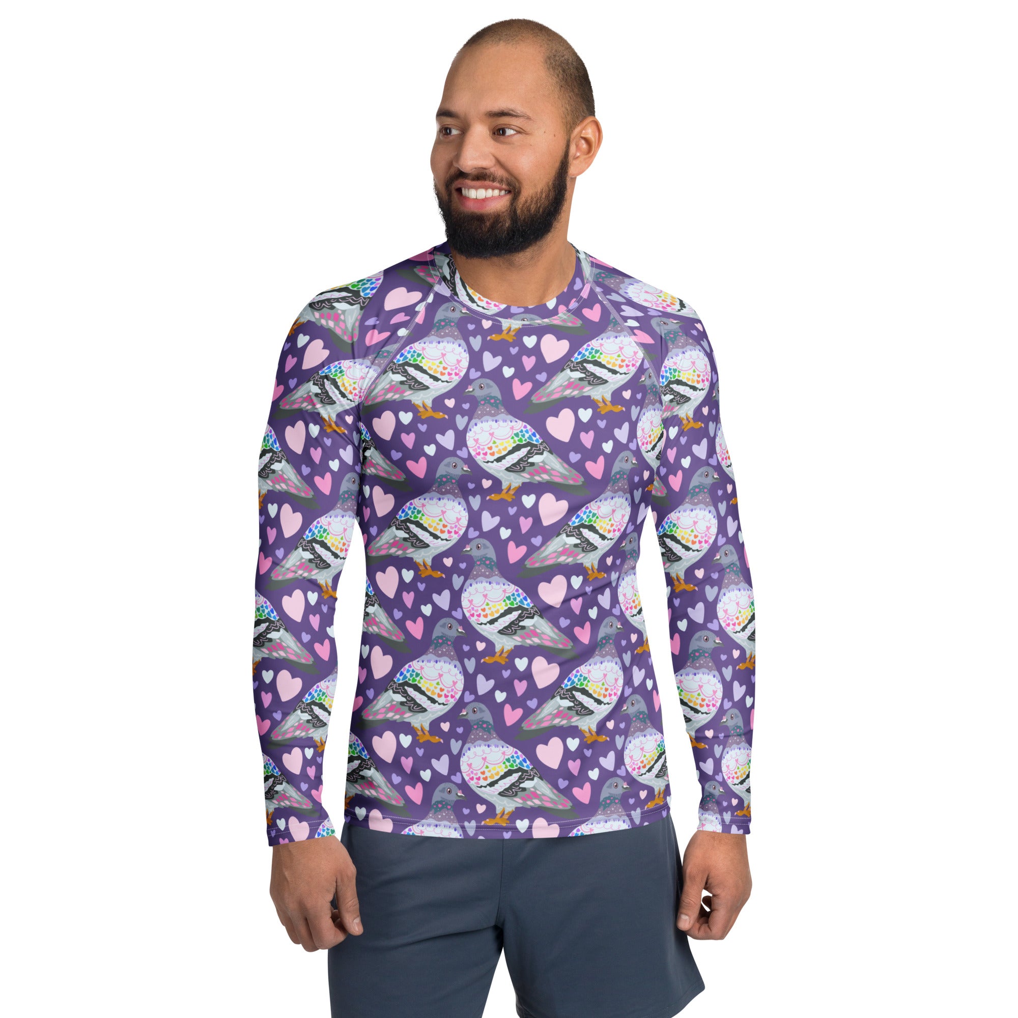 Unisex Pigeon Love recycled long sleeve rash guard with white all-over print, designed for sun protection and active wear.