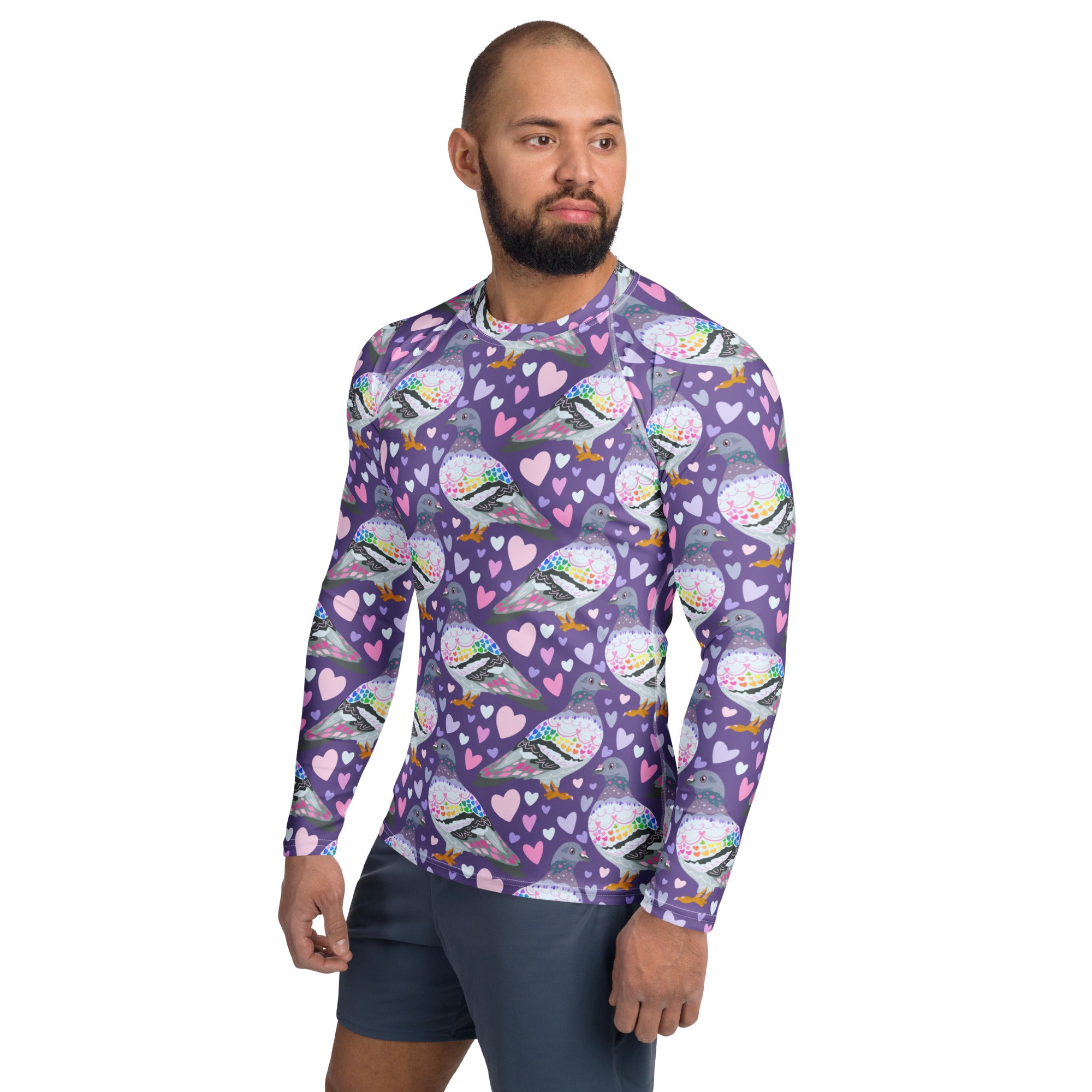 White unisex long sleeve rash guard by Pigeon Love with all-over print, made from recycled materials, designed for sun protection.