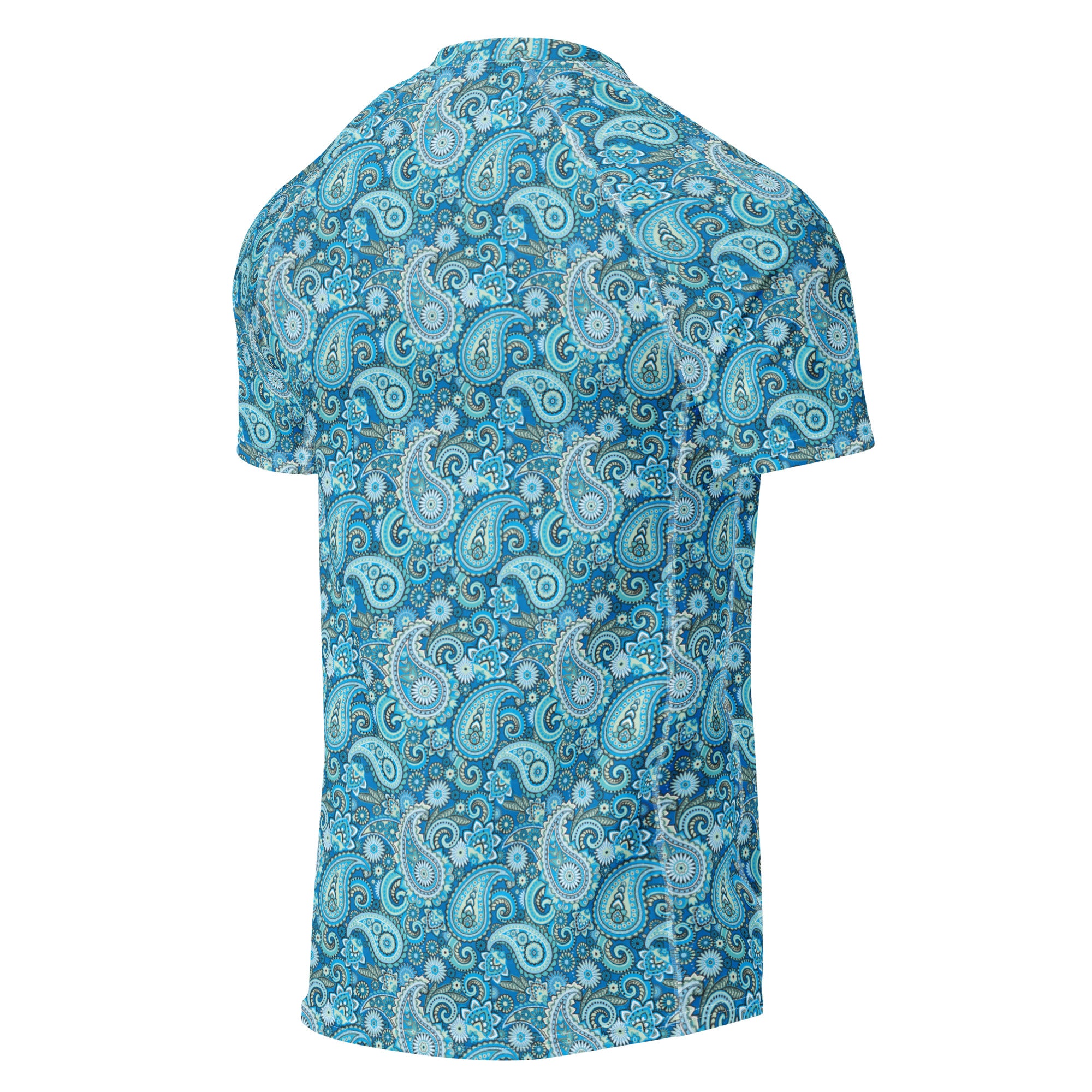 Blue paisley print rash guard with short sleeves for men, made from recycled material, featuring an all-over paisley design.