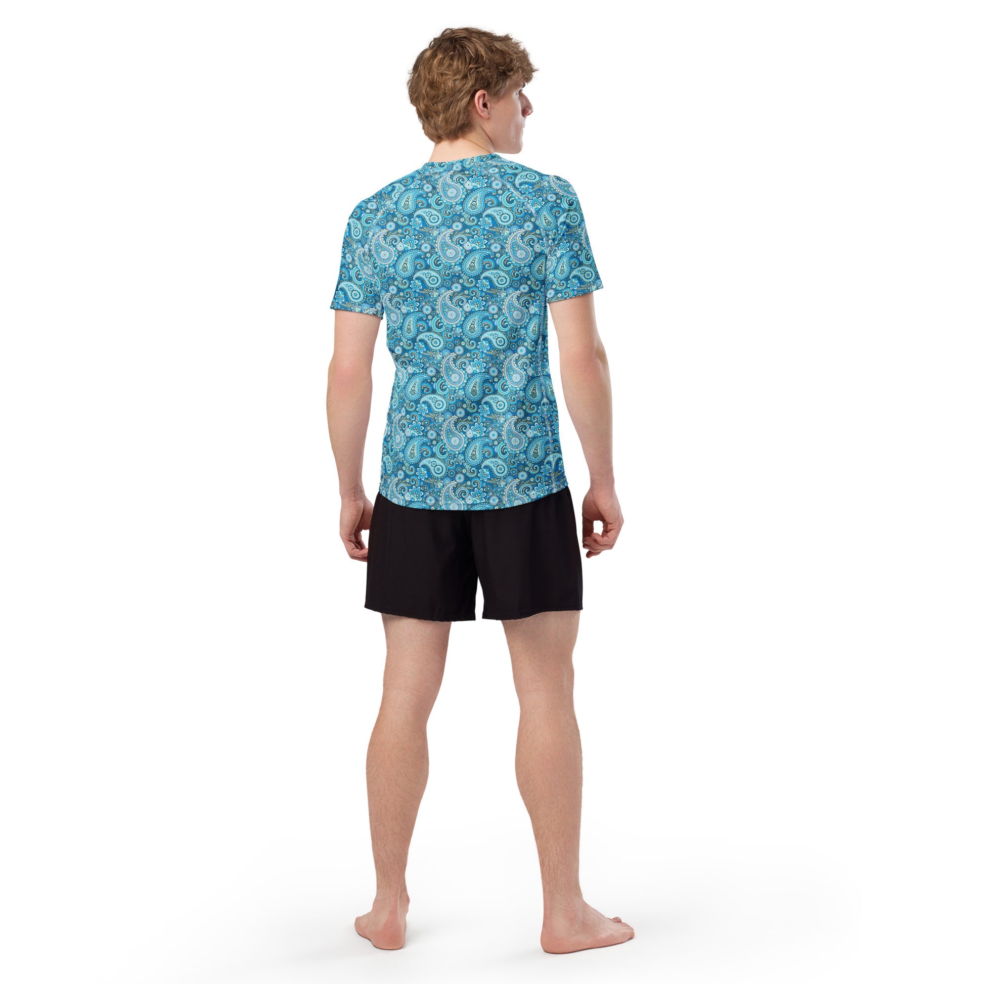 Men's blue paisley all-over print rash guard by Printful featuring short sleeves and recycled fabric.