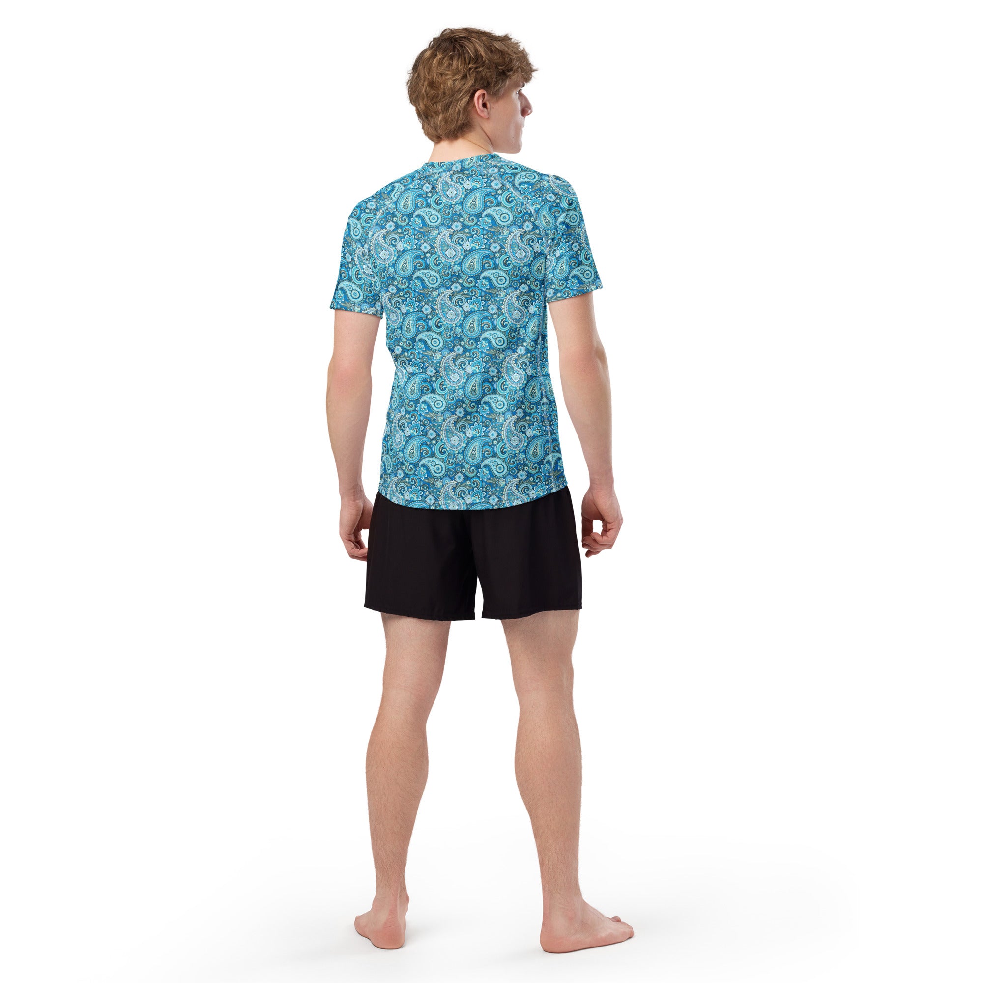 Men's blue paisley all-over print rash guard by Printful featuring short sleeves and recycled fabric.