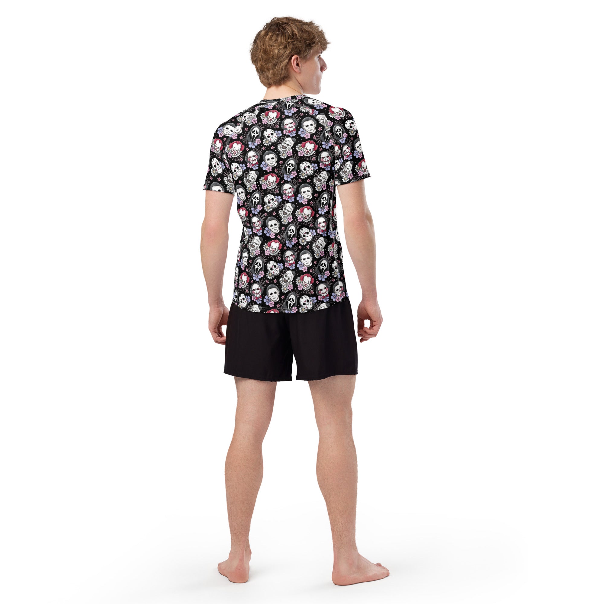 Black horror characters all-over print unisex short sleeve rash guard with recycled fabric, white back design.