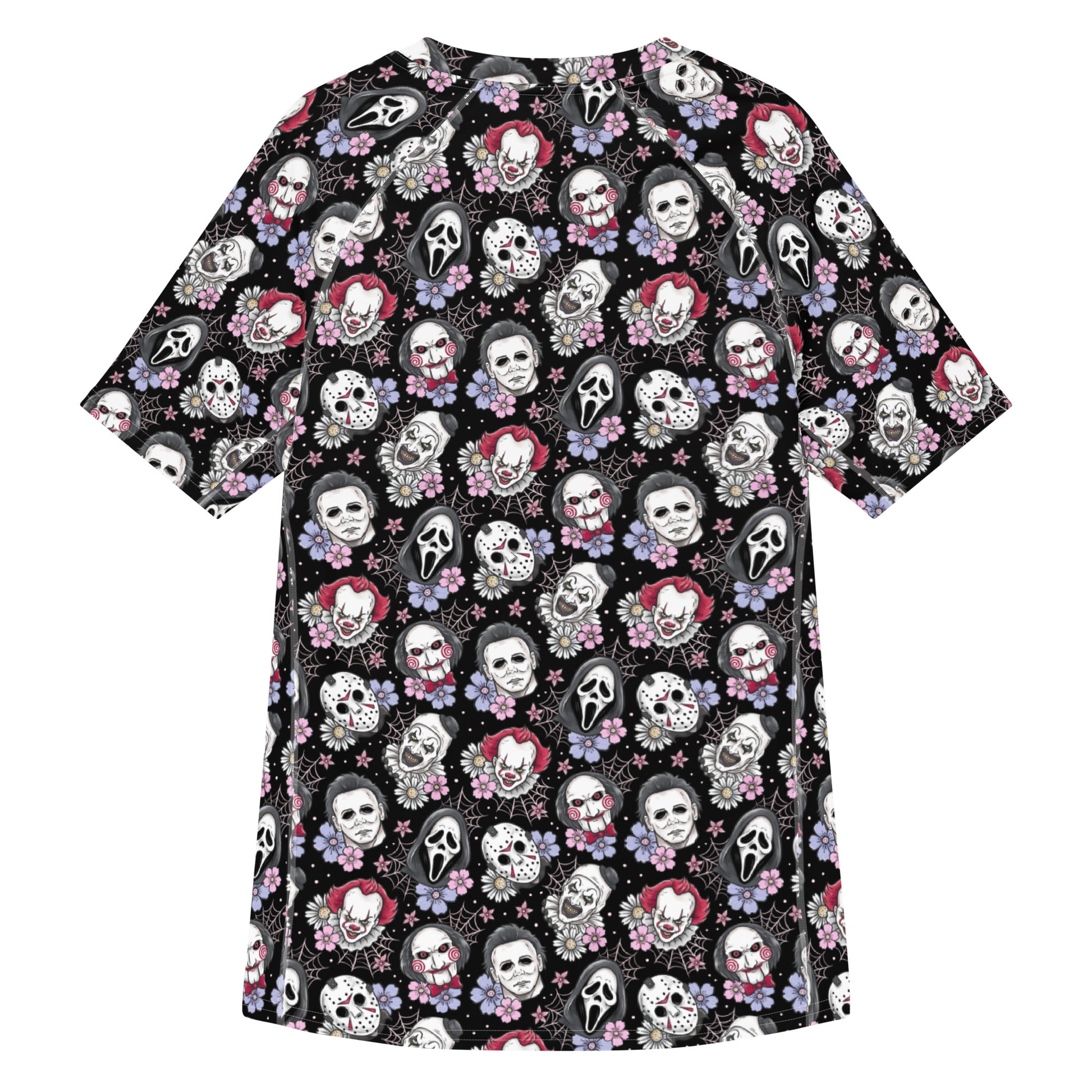 Black horror characters all-over print unisex short sleeve rash guard, designed by Printful, with a white back and vibrant horror-themed artwork.