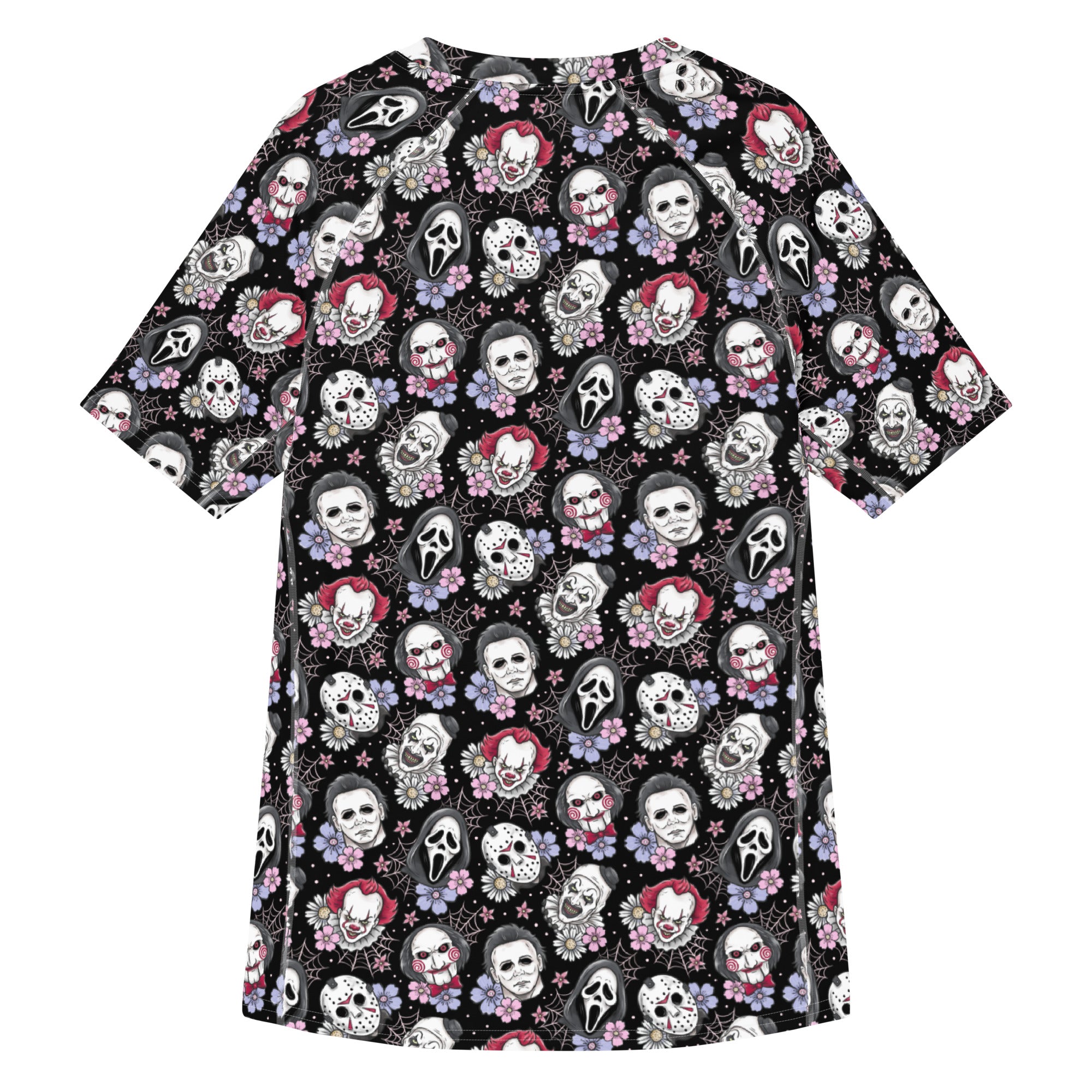 Black horror characters all-over print unisex short sleeve rash guard, designed by Printful, with a white back and vibrant horror-themed artwork.