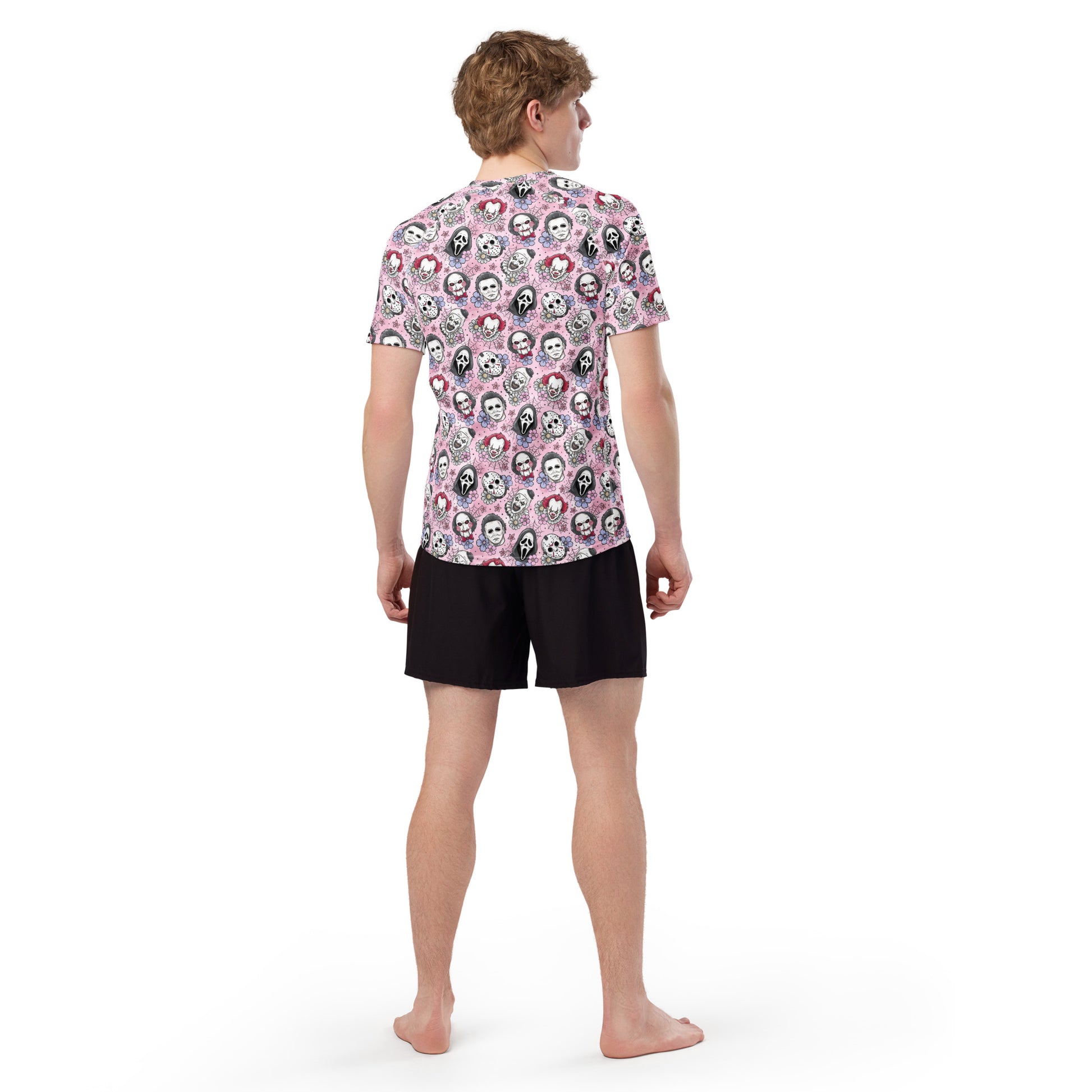 Pink Horror characters all-over print unisex short sleeve rash guard with recycled fabric, shown from the back in white.