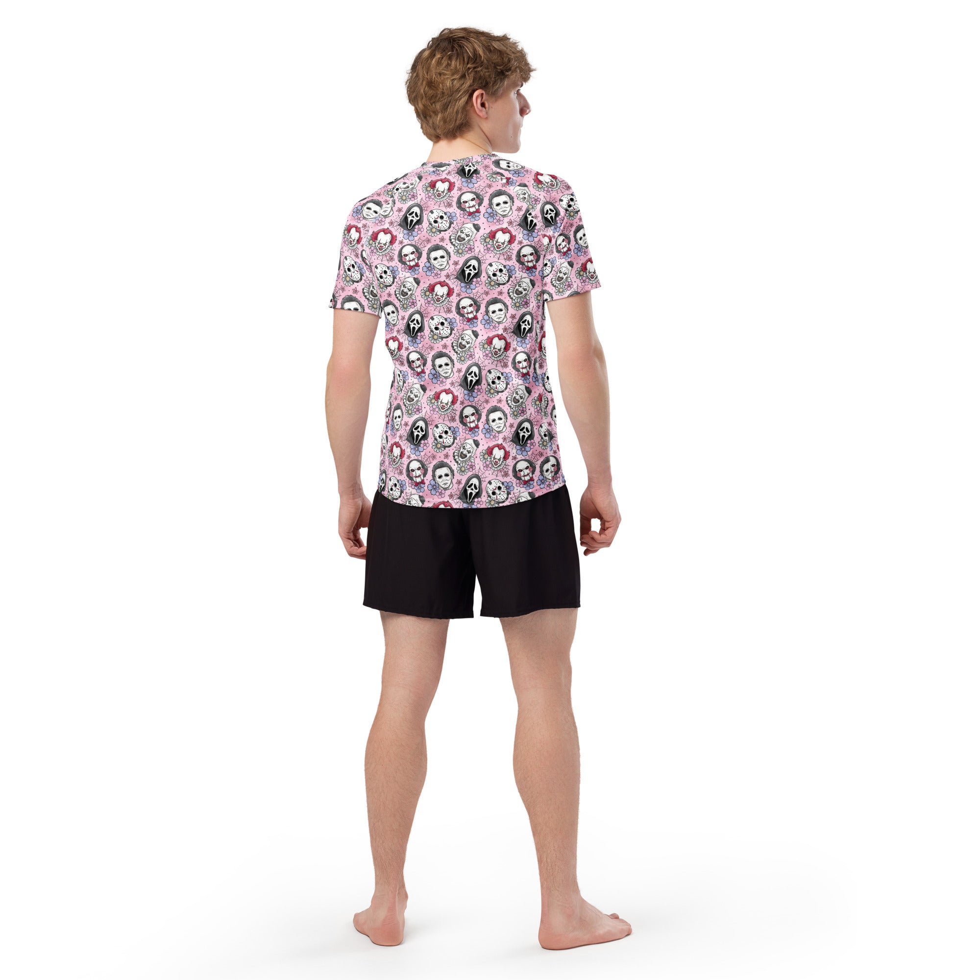 Pink Horror characters all-over print unisex short sleeve rash guard with recycled fabric, shown from the back in white.