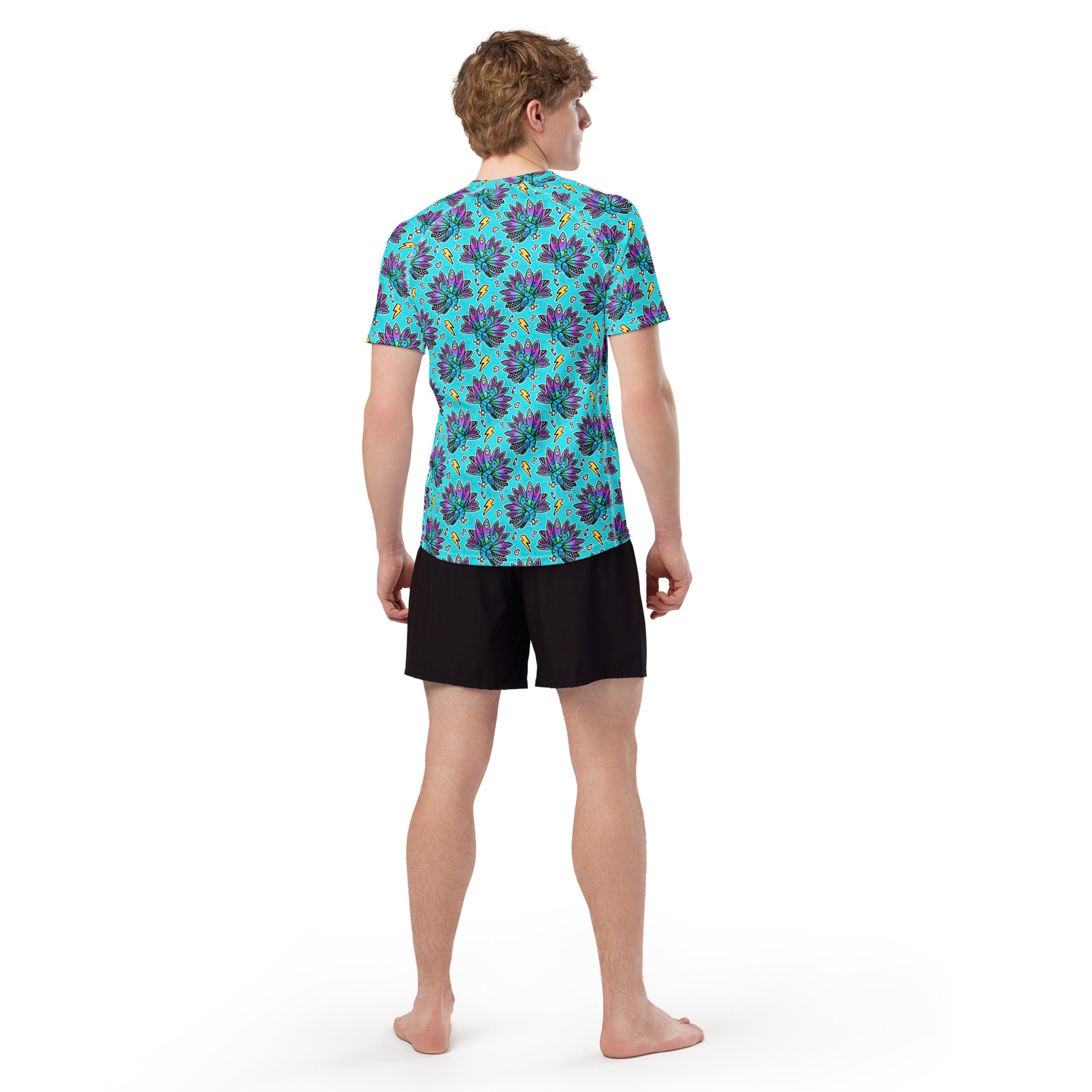 White peacock all-over print unisex rash guard with short sleeves, made from recycled fabric, by Printful.