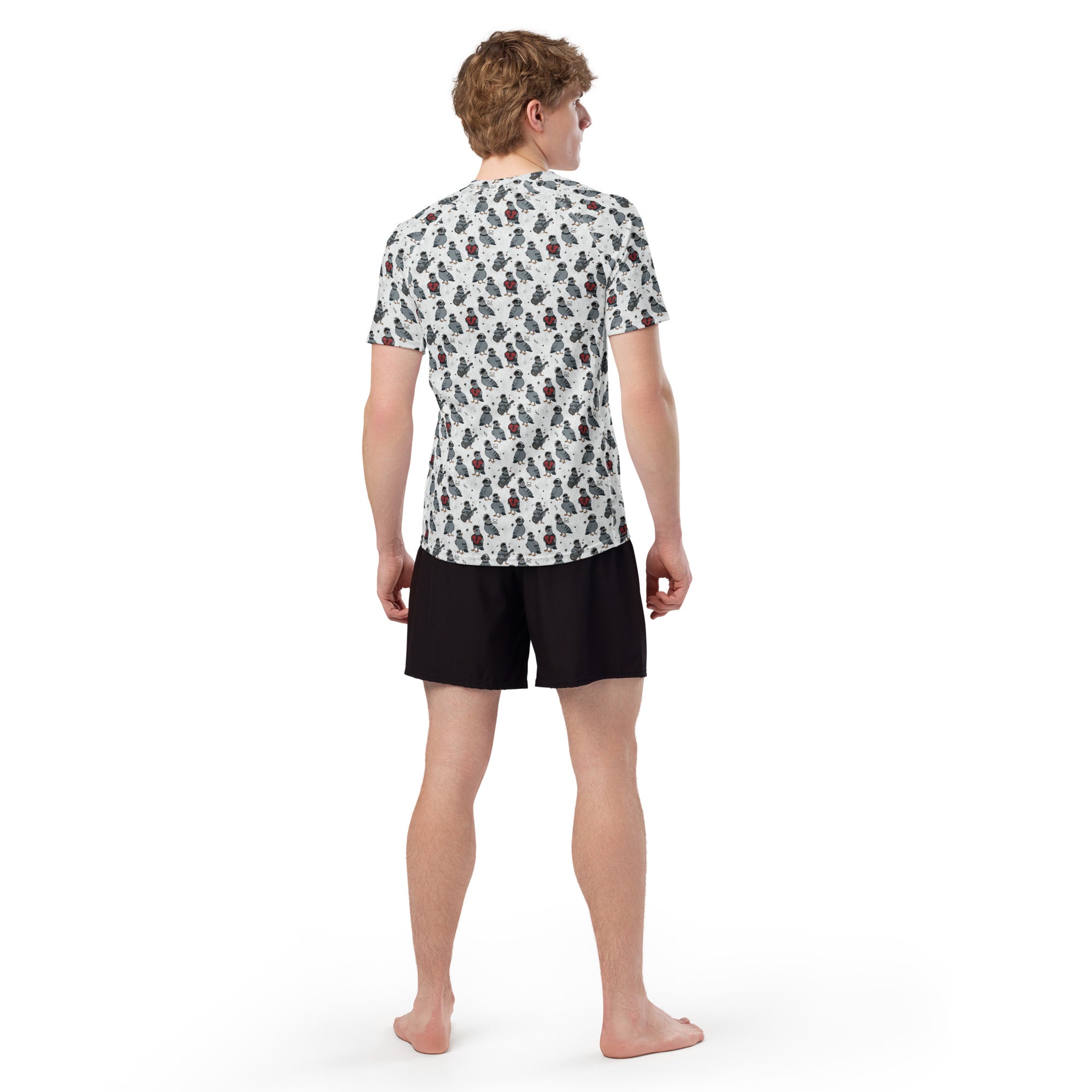 All-over print white unisex rash guard featuring colorful emo pigeons design by Printful, short sleeves, recycled fabric.