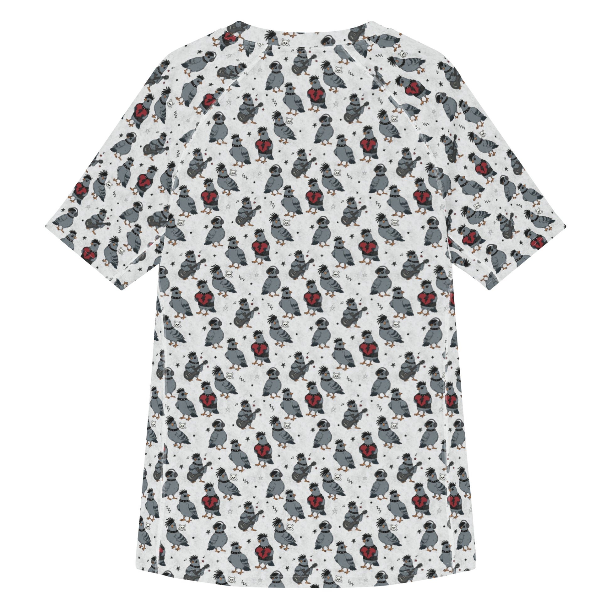 White unisex rash guard featuring all-over print of colorful emo pigeons, designed by Printful for active wear.