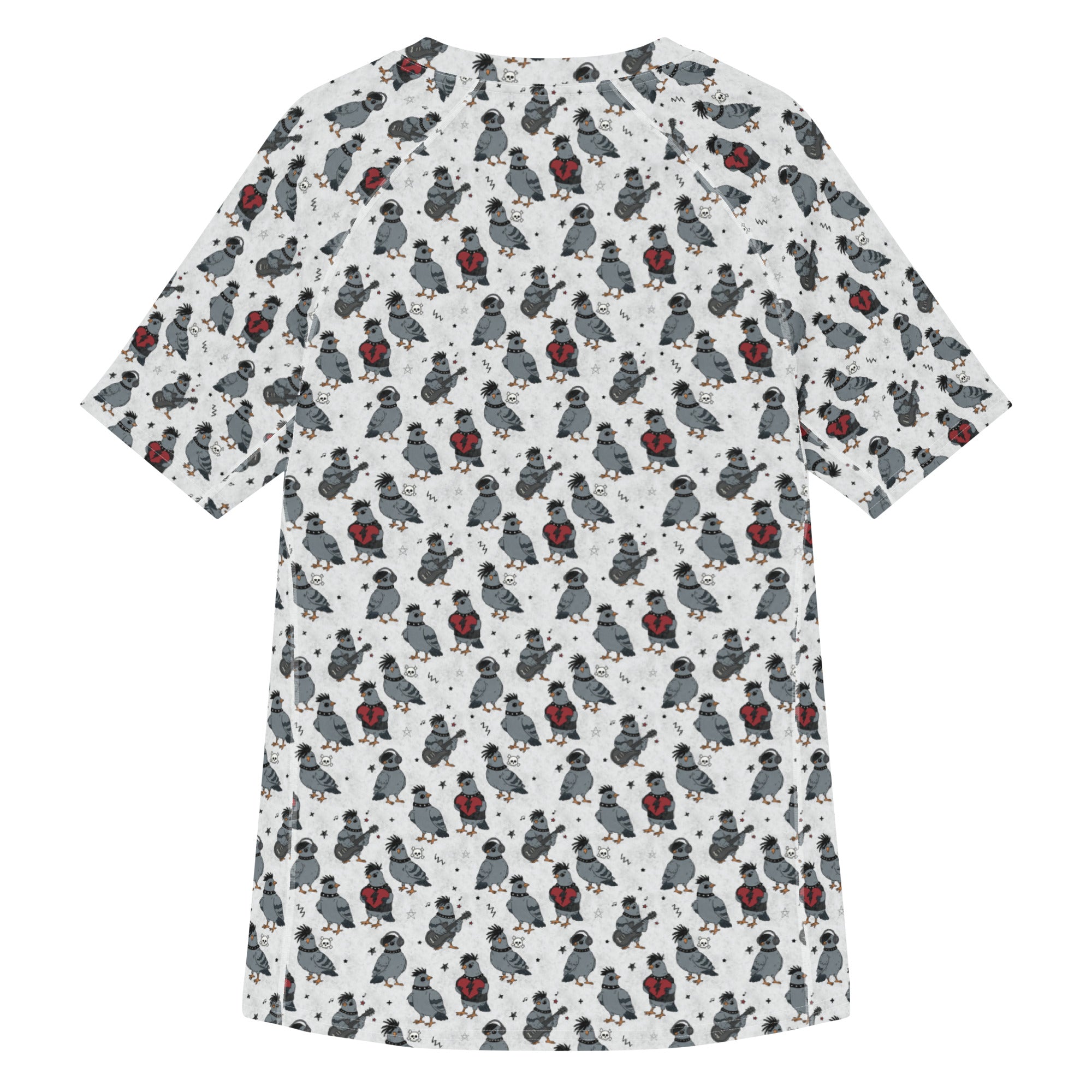 White unisex rash guard featuring all-over print of colorful emo pigeons, designed by Printful for active wear.