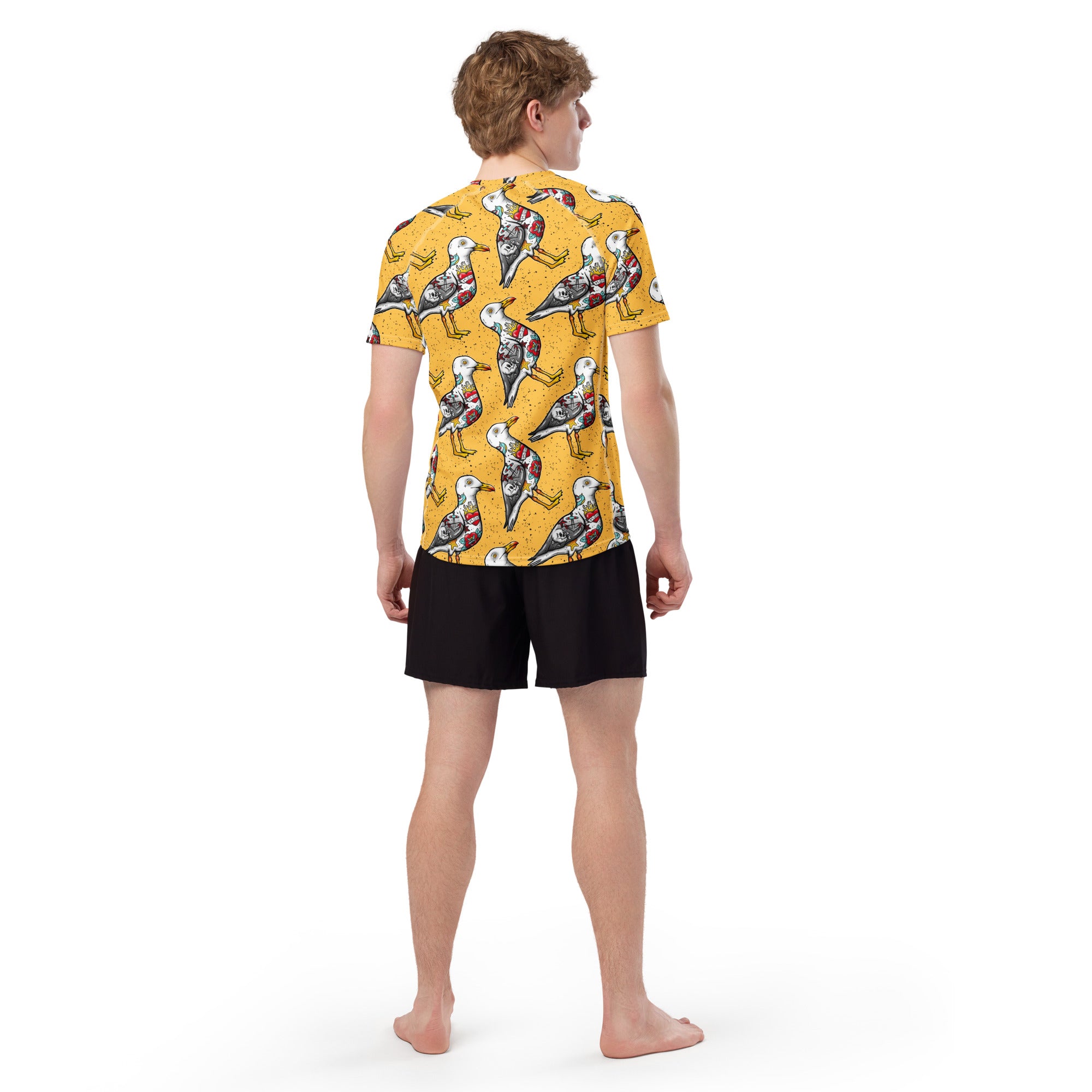 Yellow Nautigul Seagull print unisex short sleeve rash guard with all-over seagull design on recycled fabric, back view.