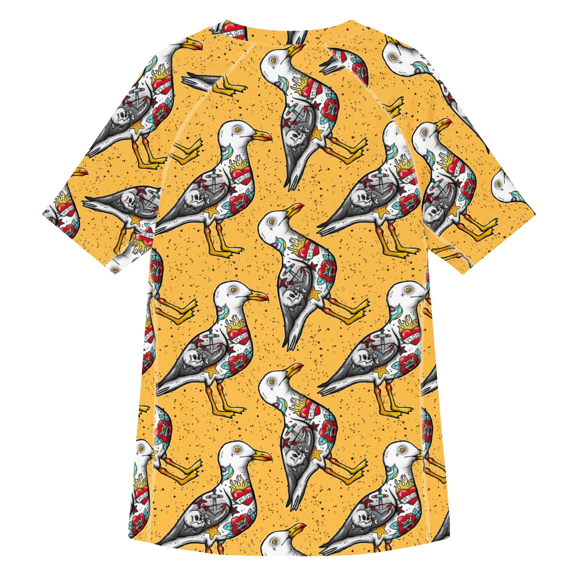 Yellow Nautigul Seagull all-over print unisex short sleeve rash guard with seagull design on white background, by Printful.