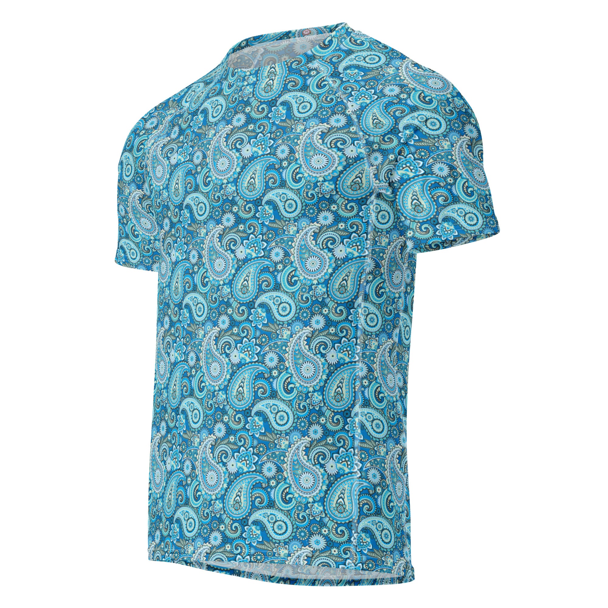Blue paisley all-over print men's rash guard with short sleeves, made by Printful, featuring a vibrant, intricate paisley pattern.