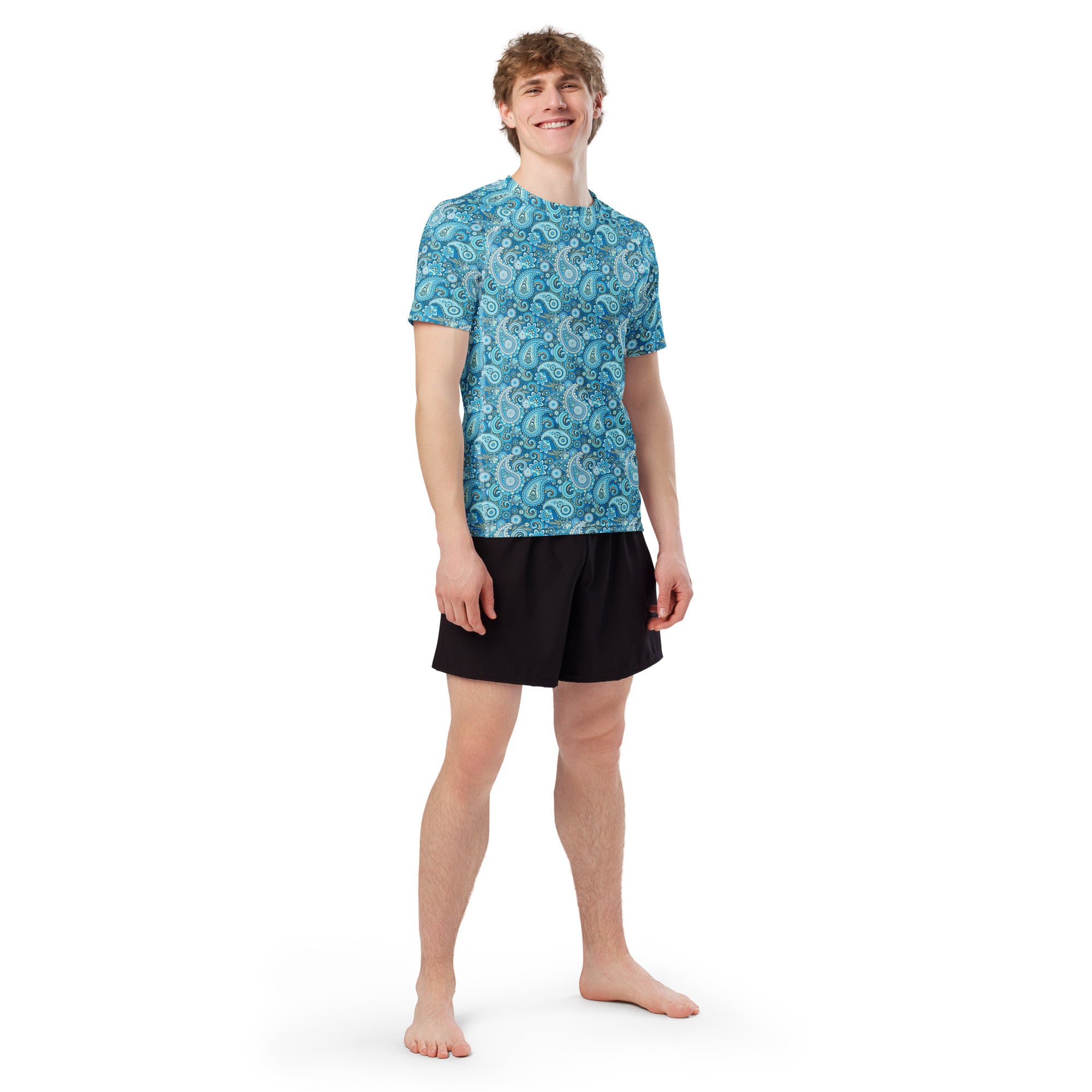 Blue paisley print men's rash guard with short sleeves, featuring all-over recycled fabric design by Printful.