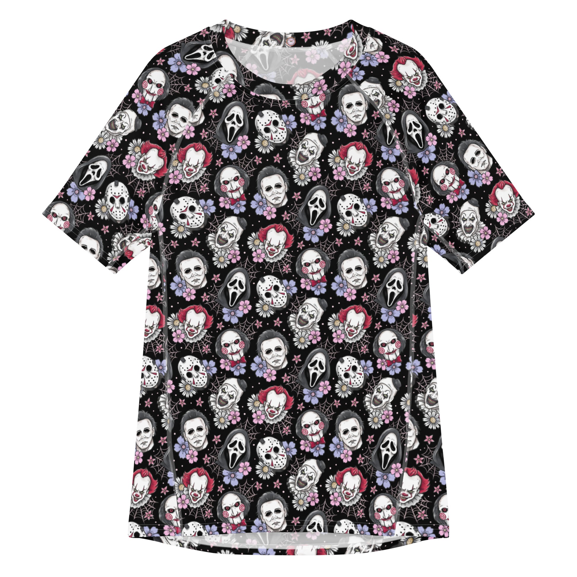 Unisex black horror characters all-over print rash guard with short sleeves, featuring a bold, graphic design on recycled fabric.