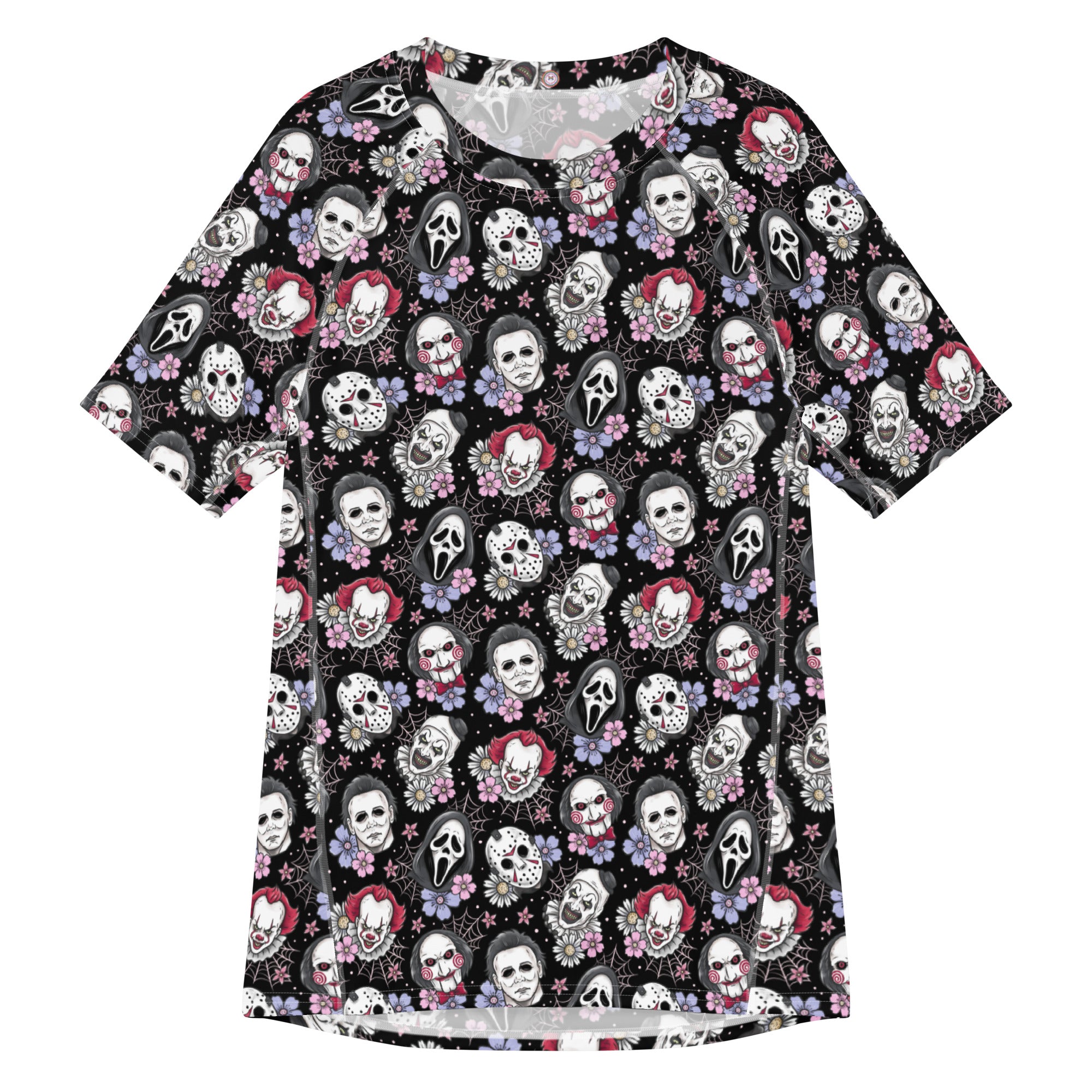 Unisex black horror characters all-over print rash guard with short sleeves, featuring a bold, graphic design on recycled fabric.