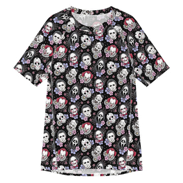 Unisex black horror characters all-over print rash guard with short sleeves, featuring a bold, graphic design on recycled fabric.