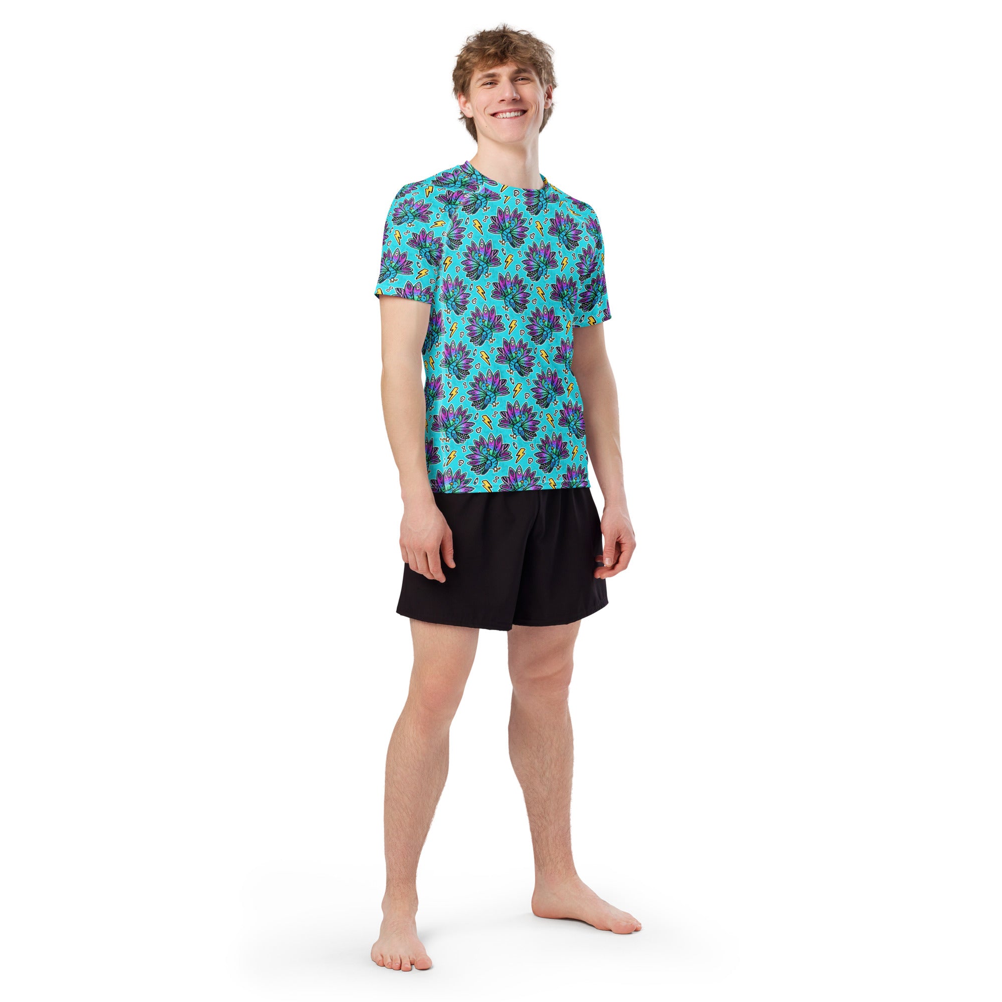 Peacock all-over print unisex short sleeve rash guard by Printful, featuring vibrant peacock feather design on white fabric.