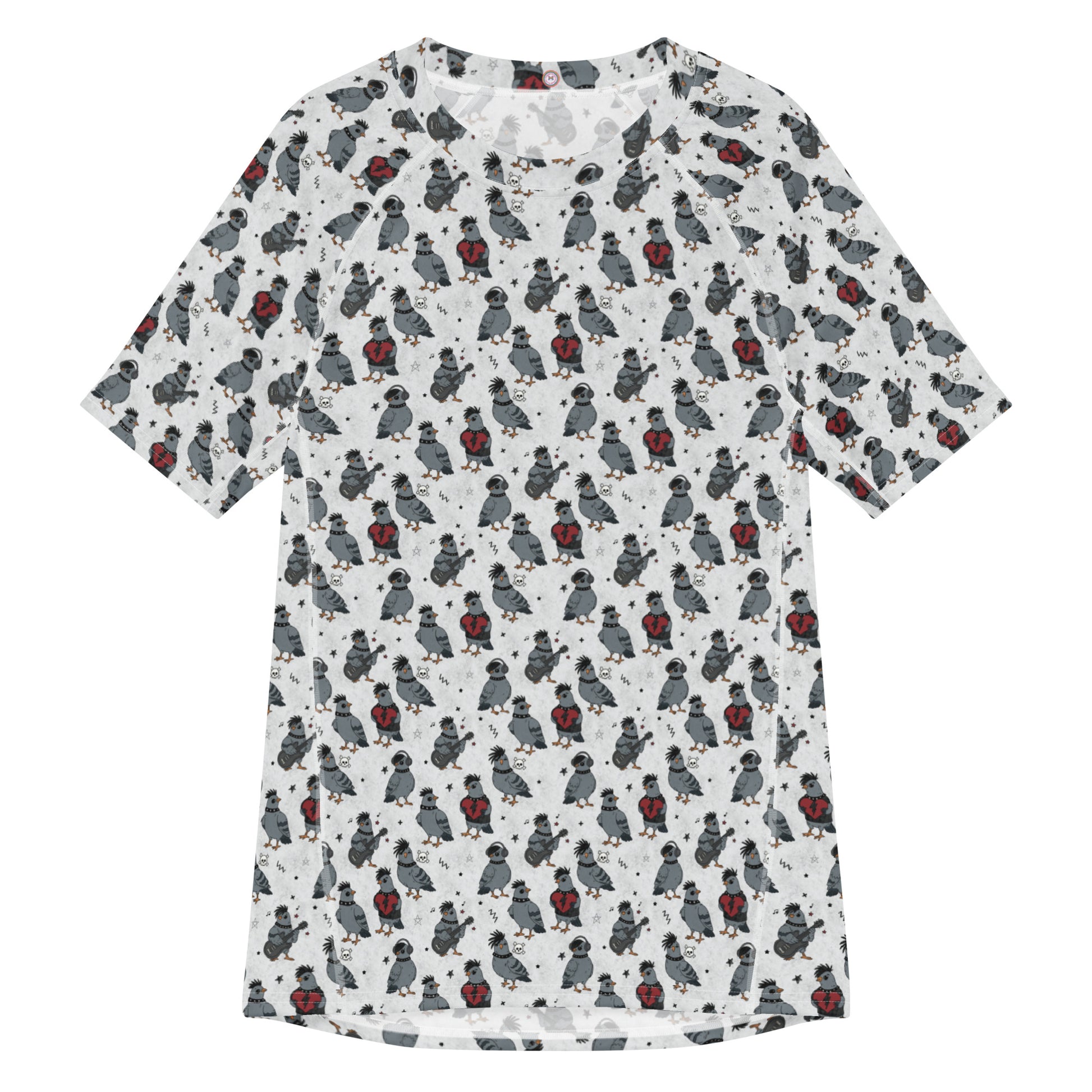 White unisex rash guard with all-over print of colorful emo pigeons, made from recycled materials, designed for sun protection and style.