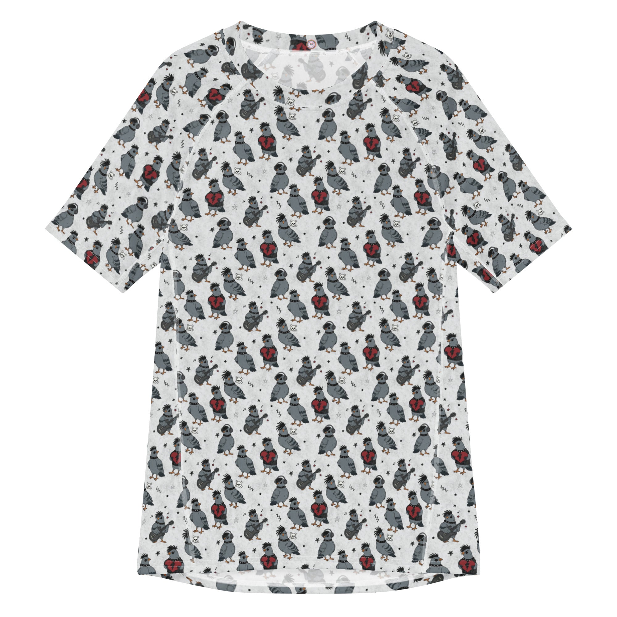 White unisex rash guard with all-over print of colorful emo pigeons, made from recycled materials, designed for sun protection and style.