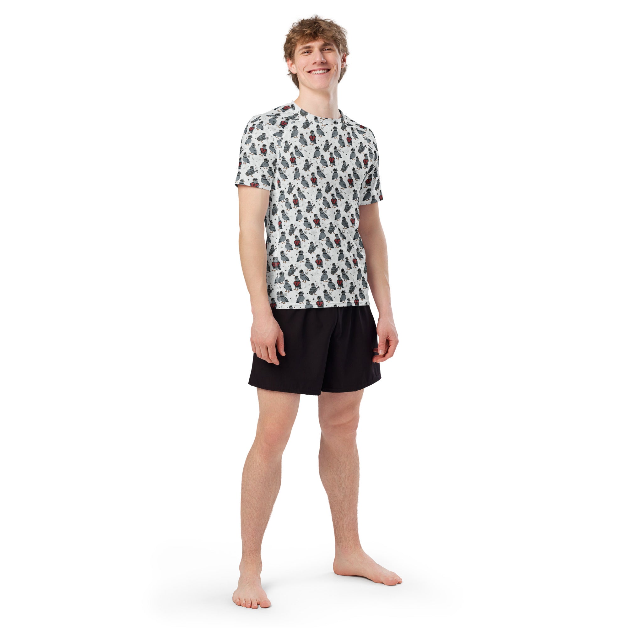 All-over print unisex short sleeve rash guard with Emo Pigeons design, featuring recycled fabric and a white background.