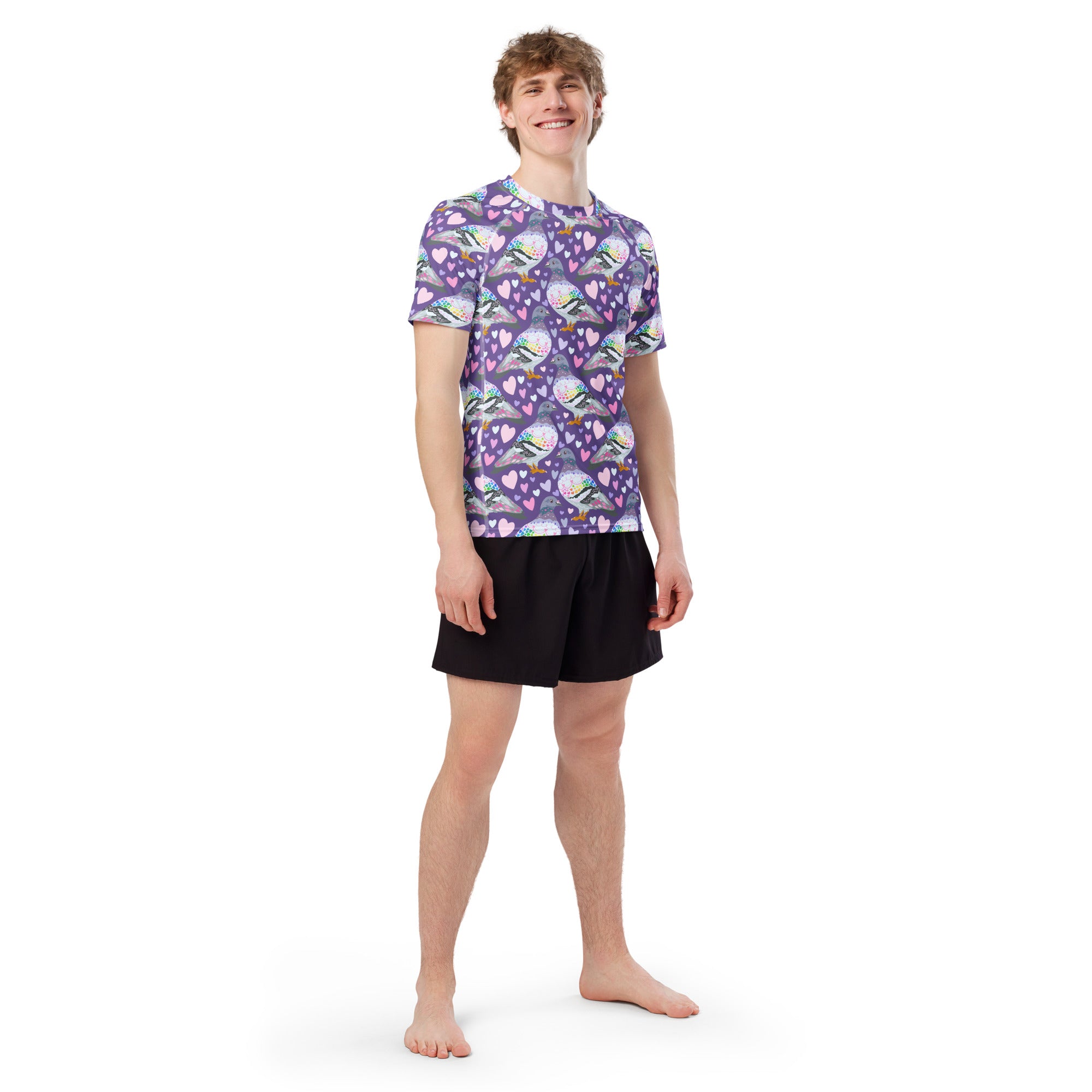 White Pigeon Love all-over print unisex short sleeve rash guard by Printful, featuring a vibrant bird design on the front.