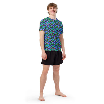 Unisex white rash guard with all-over floral print by Printful, featuring short sleeves and recycled fabric for sun protection.