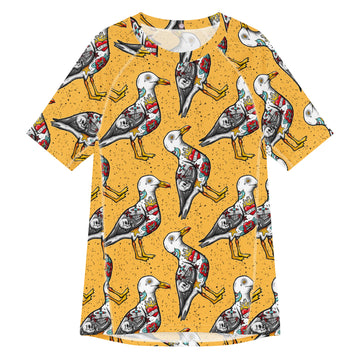Yellow Nautigul Seagull all-over print unisex short sleeve rash guard by Printful, showing front view with vibrant seagull design.