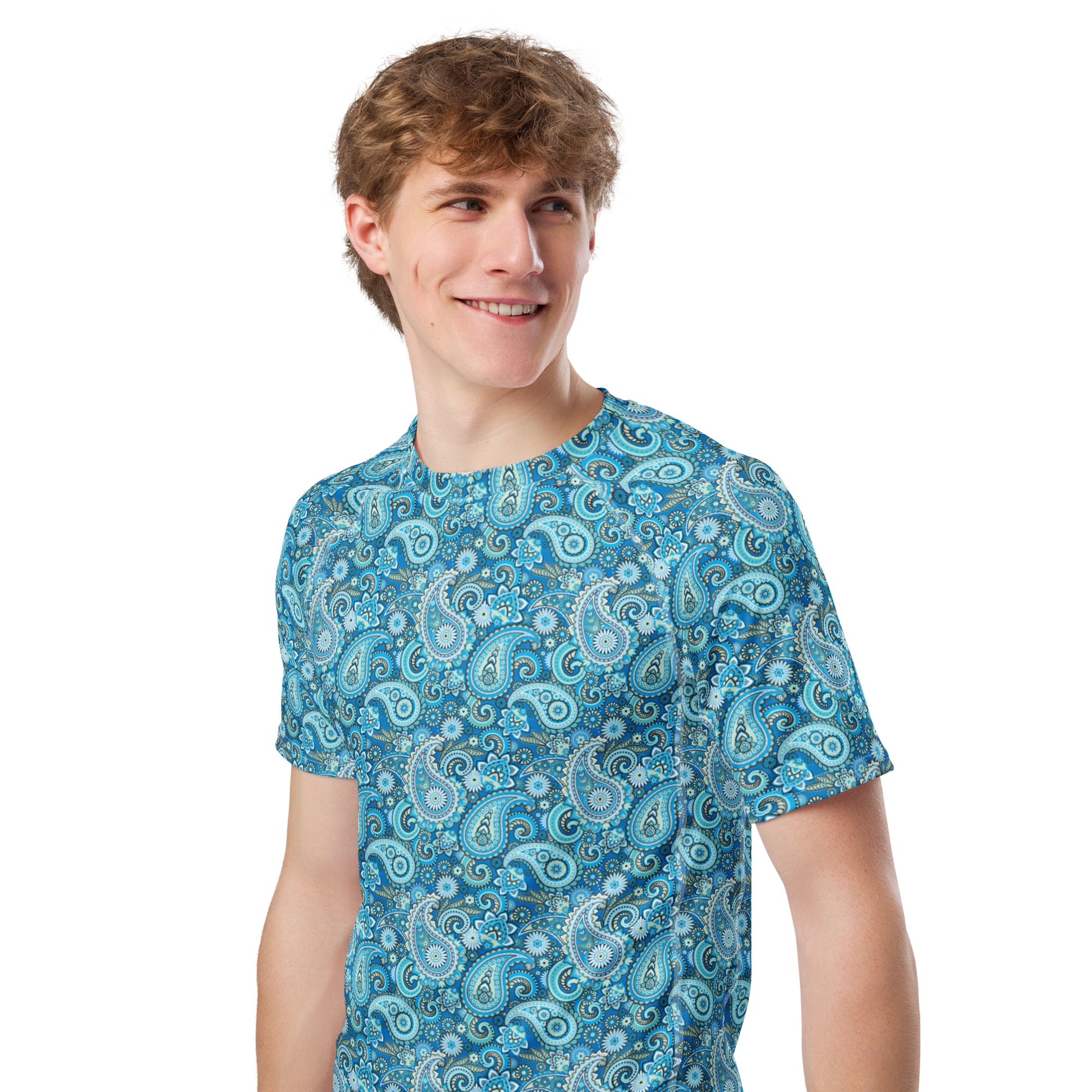 Blue paisley print men's rash guard with short sleeves, all-over recycled fabric design, by Printful, front view