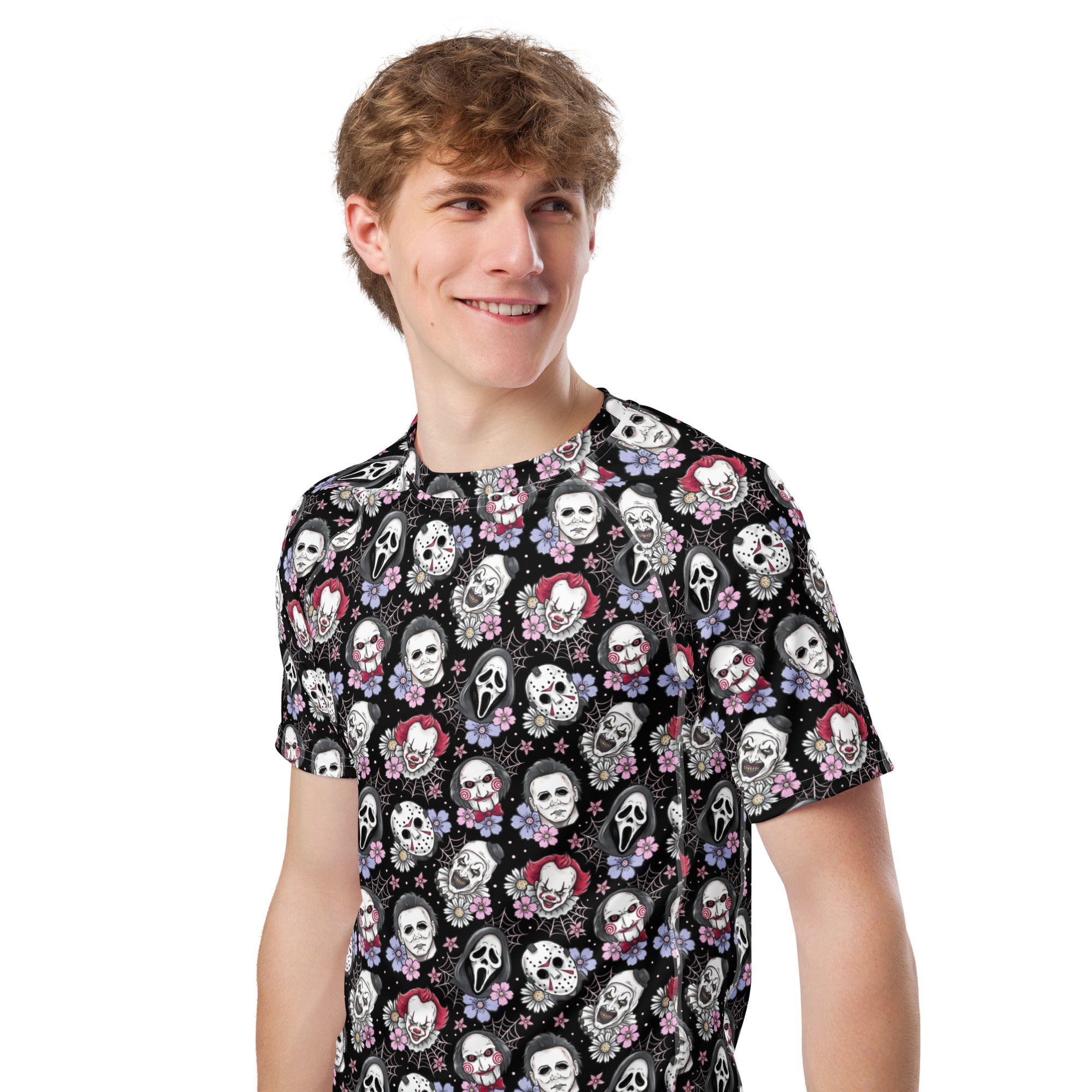 Black horror characters all-over print unisex short sleeve rash guard featuring spooky designs on a white background.