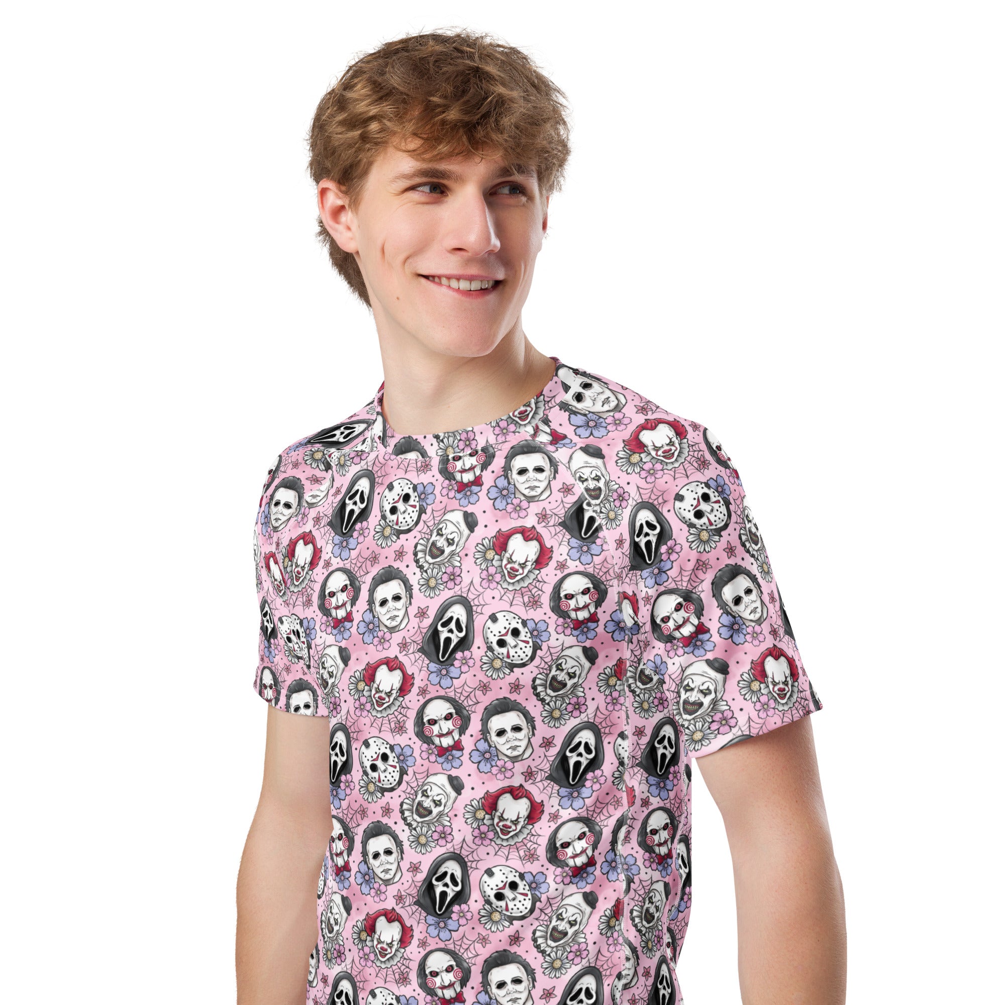 Pink Horror Characters all-over print unisex short sleeve rash guard by Printful, featuring vibrant pink horror designs on a white background.