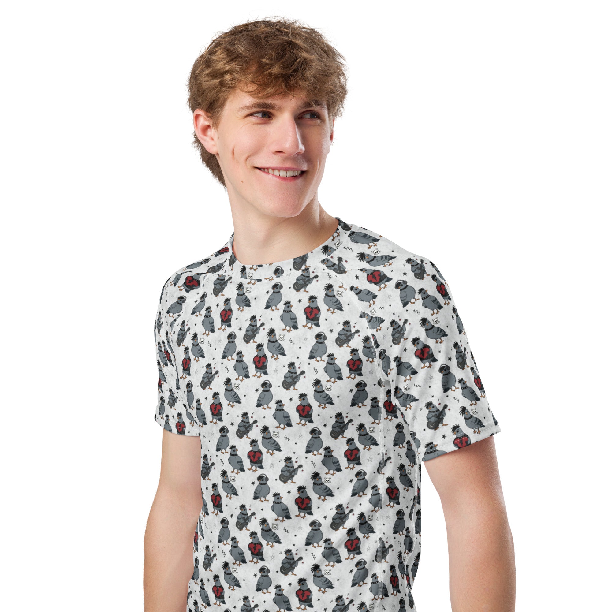 Printful Emo Pigeons all-over print unisex short sleeve rash guard in white, featuring colorful pigeon graphic design.