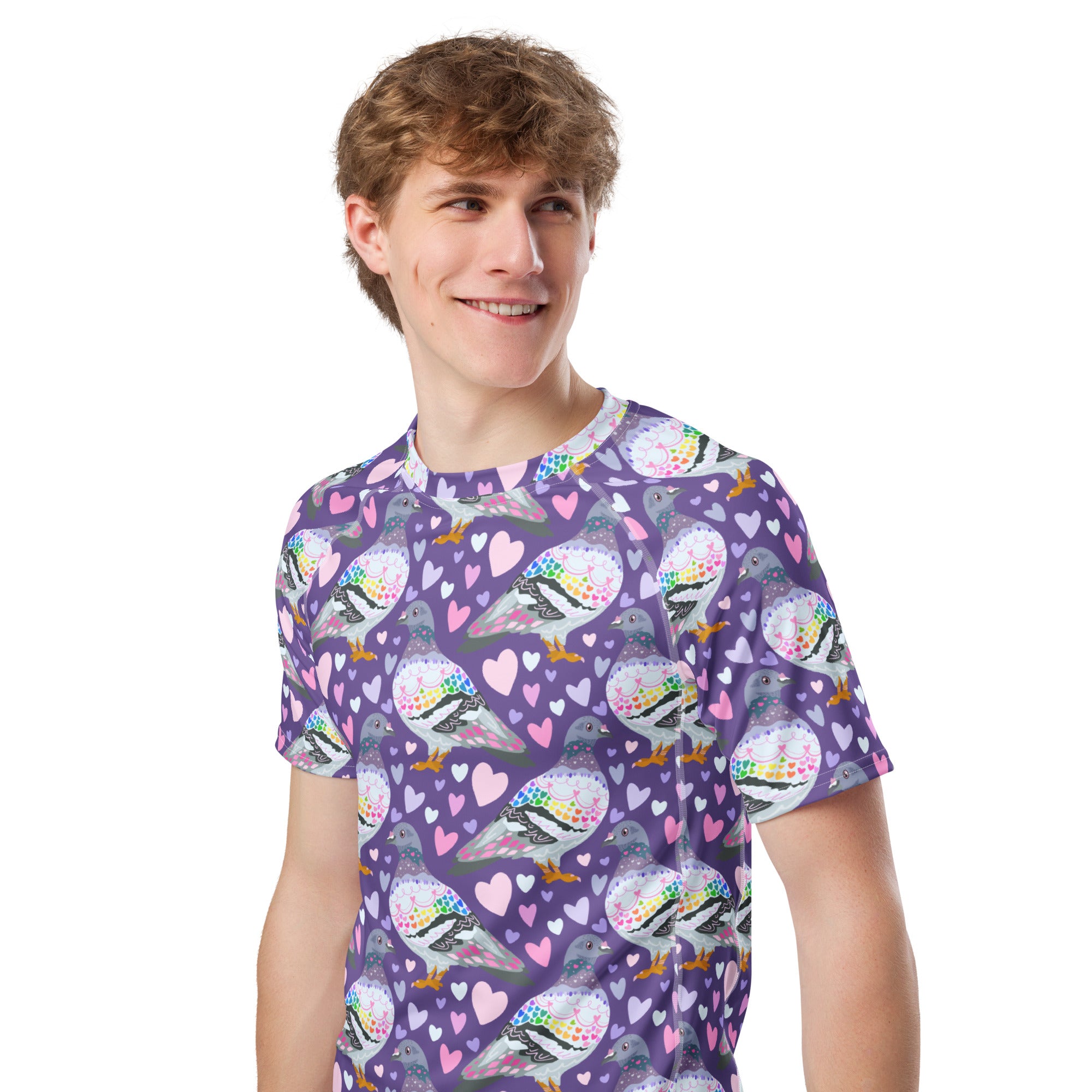 White unisex short sleeve rash guard with colorful pigeon love all-over print, made from recycled materials, by Printful