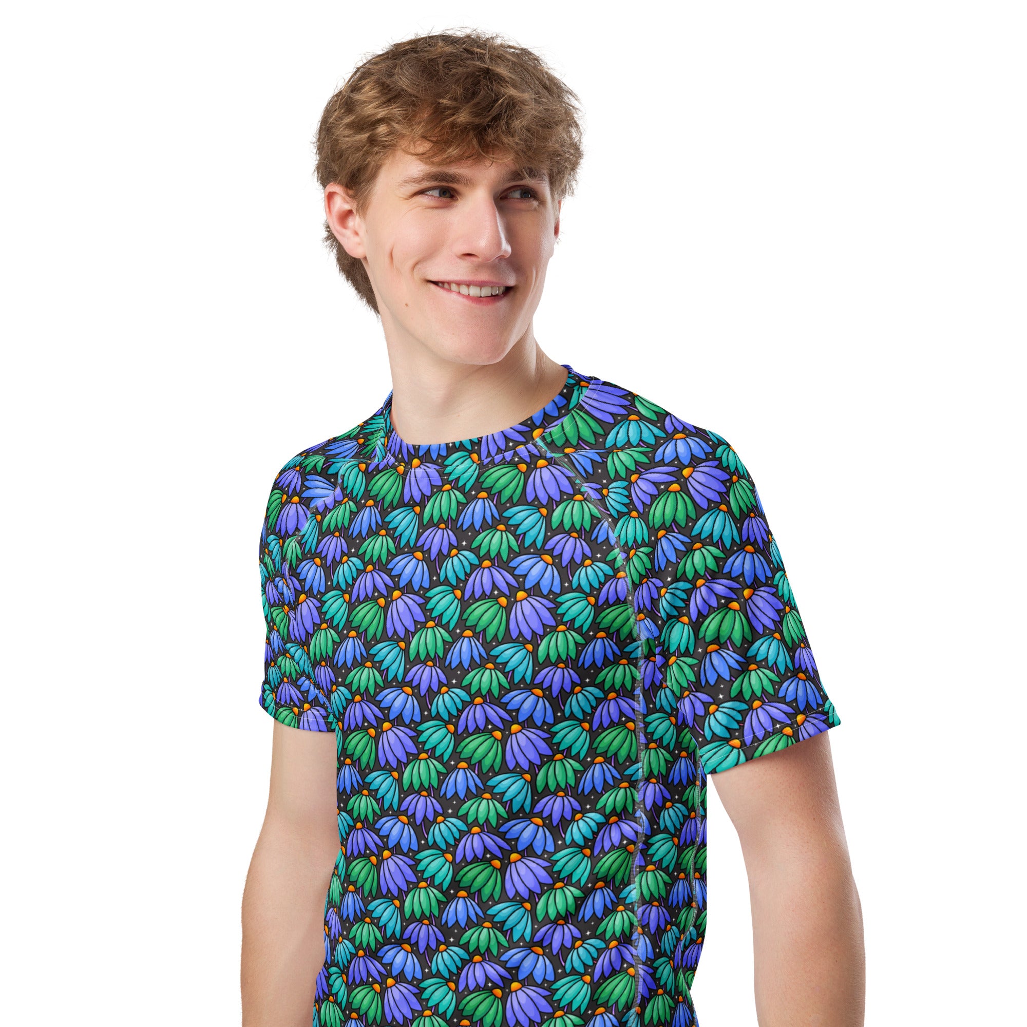 Unisex white short sleeve rash guard featuring colorful floppy flowers all-over print, by Printful.