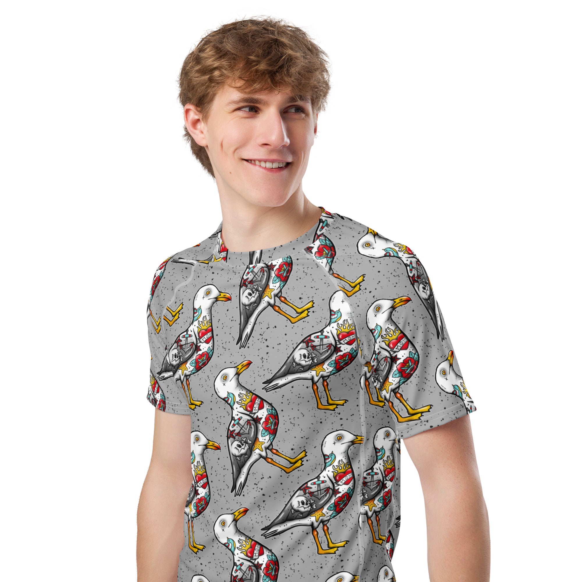 Grey Nautigul Seagull unisex short sleeve rash guard with all-over print, featuring seagull design on recycled fabric.