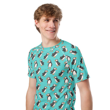 White Puffin All-Over Print Unisex Short Sleeve Rash Guard with vibrant bird design, made from recycled materials.