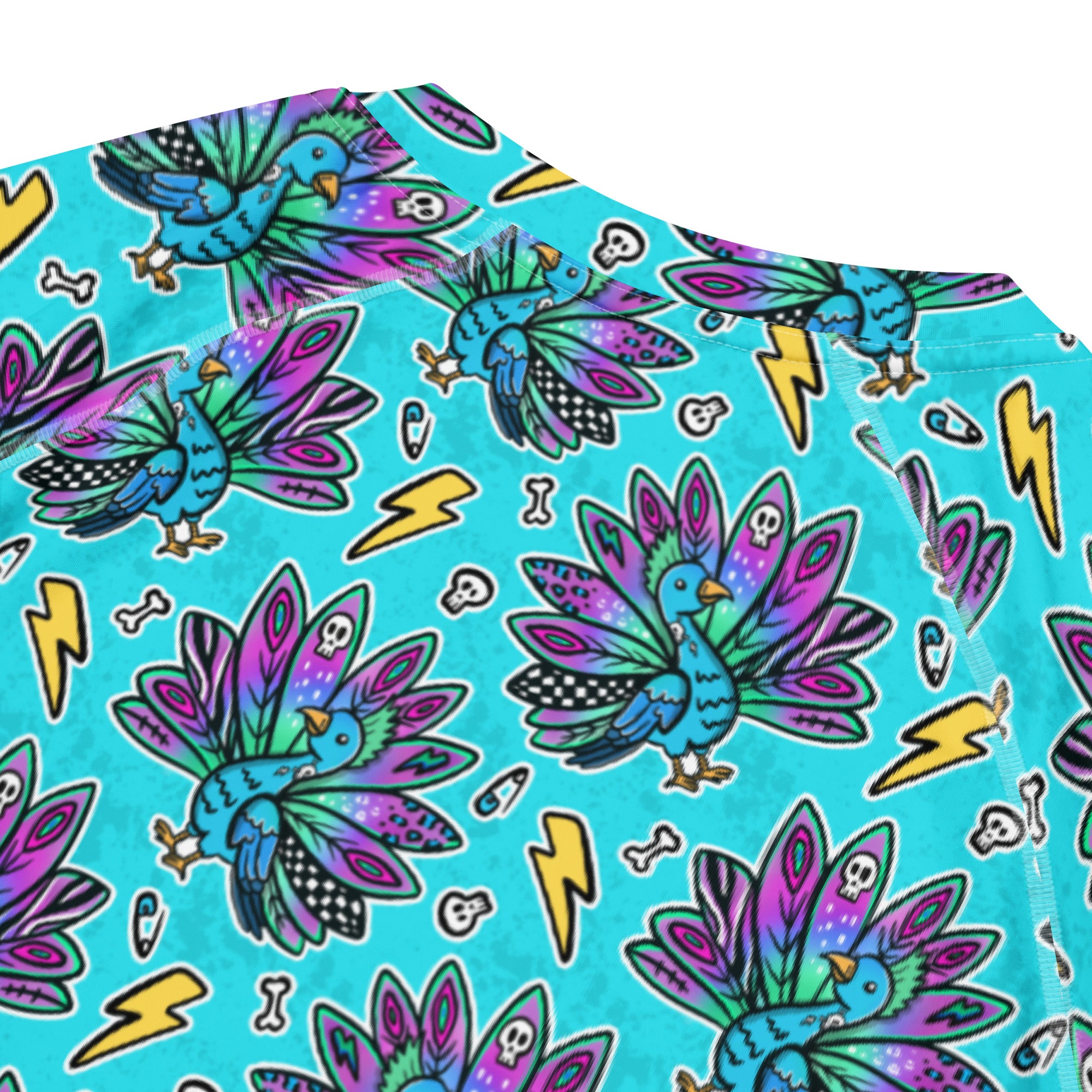Unisex white peacock all-over print short sleeve rash guard by Printful, featuring vibrant peacock design and recycled fabric.
