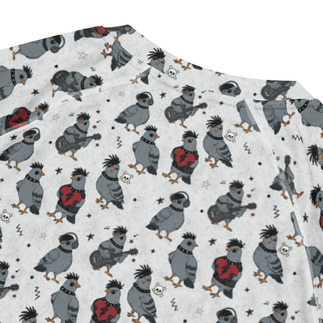 Printful Emo Pigeons all-over print unisex short sleeve rash guard with colorful pigeon design on white background.