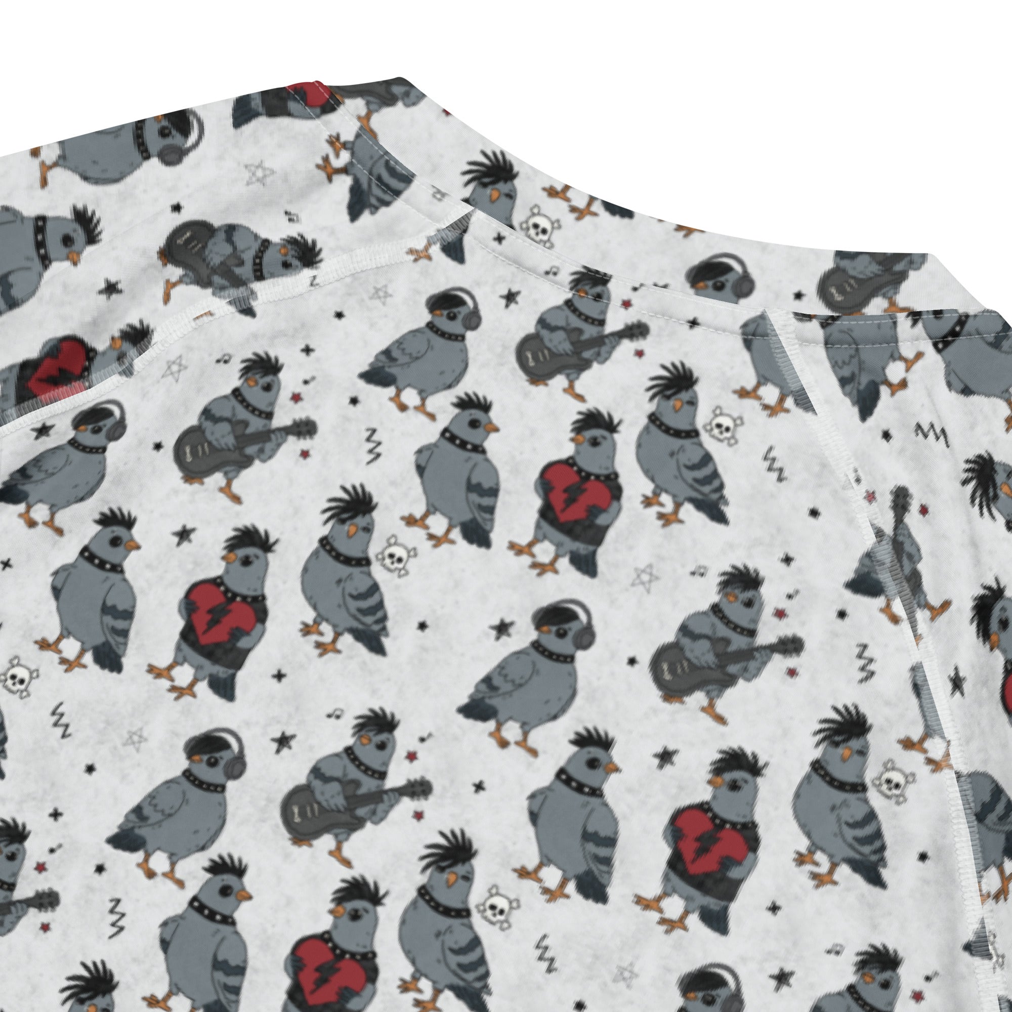 Emo Pigeons all-over print unisex short sleeve rash guard from Printful, featuring colorful pigeon designs on a white background.