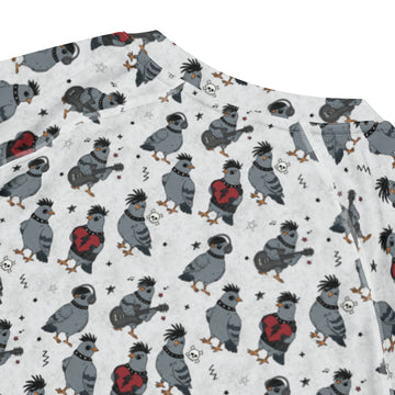 Emo Pigeons all-over print unisex short sleeve rash guard from Printful, featuring colorful pigeon designs on a white background.