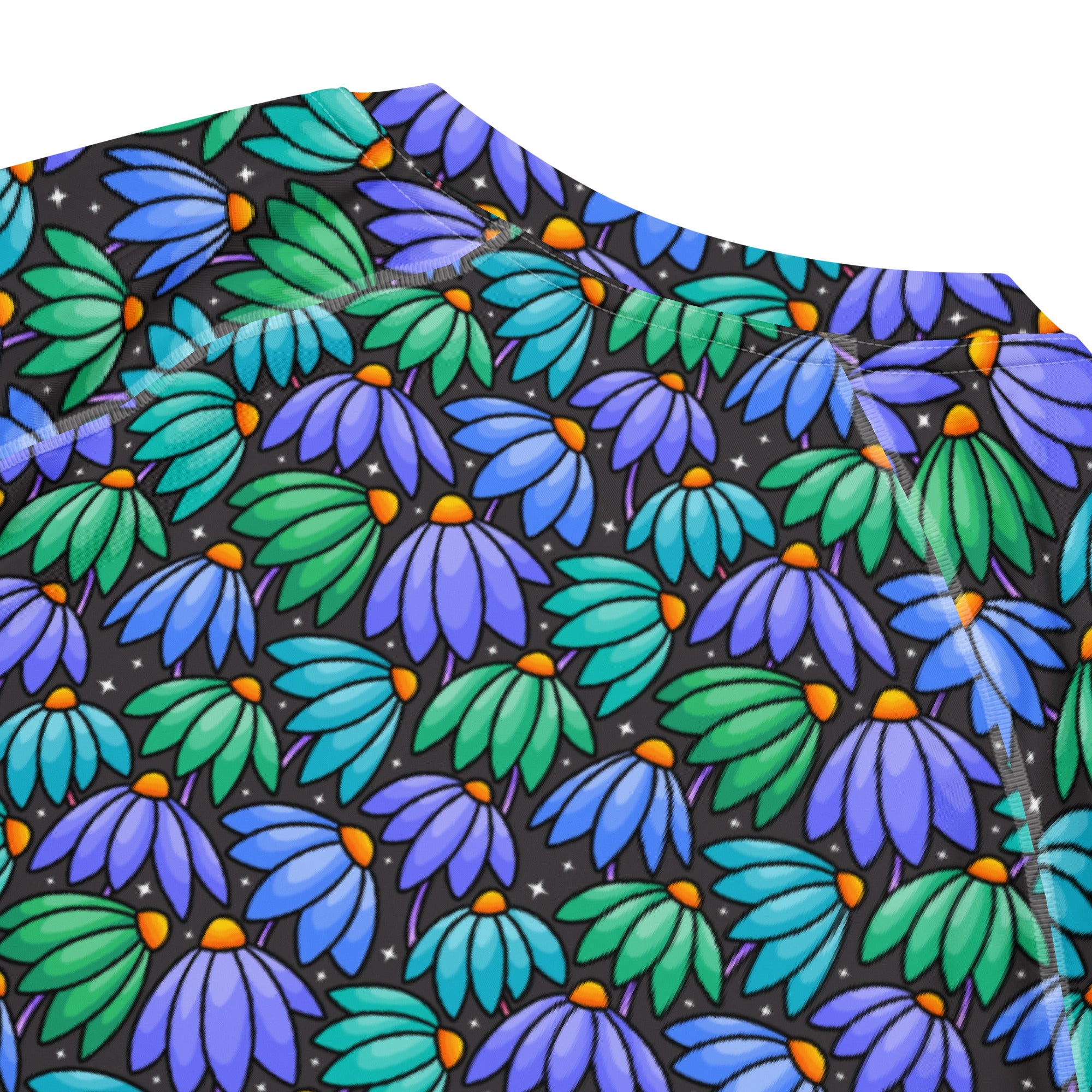Printful men's white short sleeve rash guard with colorful floppy flowers all-over print, unisex design, recycled fabric.