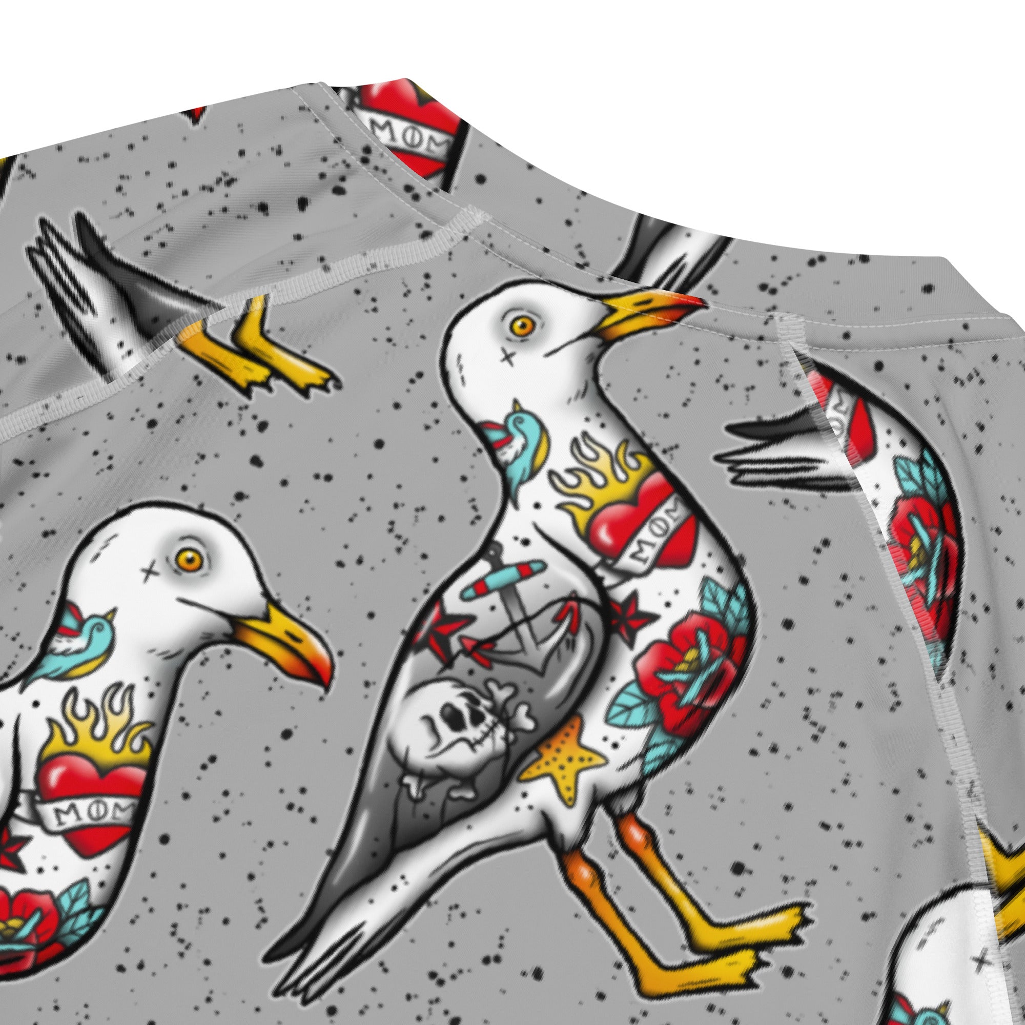 Grey Nautigul Seagull unisex short sleeve rash guard with all-over print, recycled fabric, designed for sun protection and active wear.