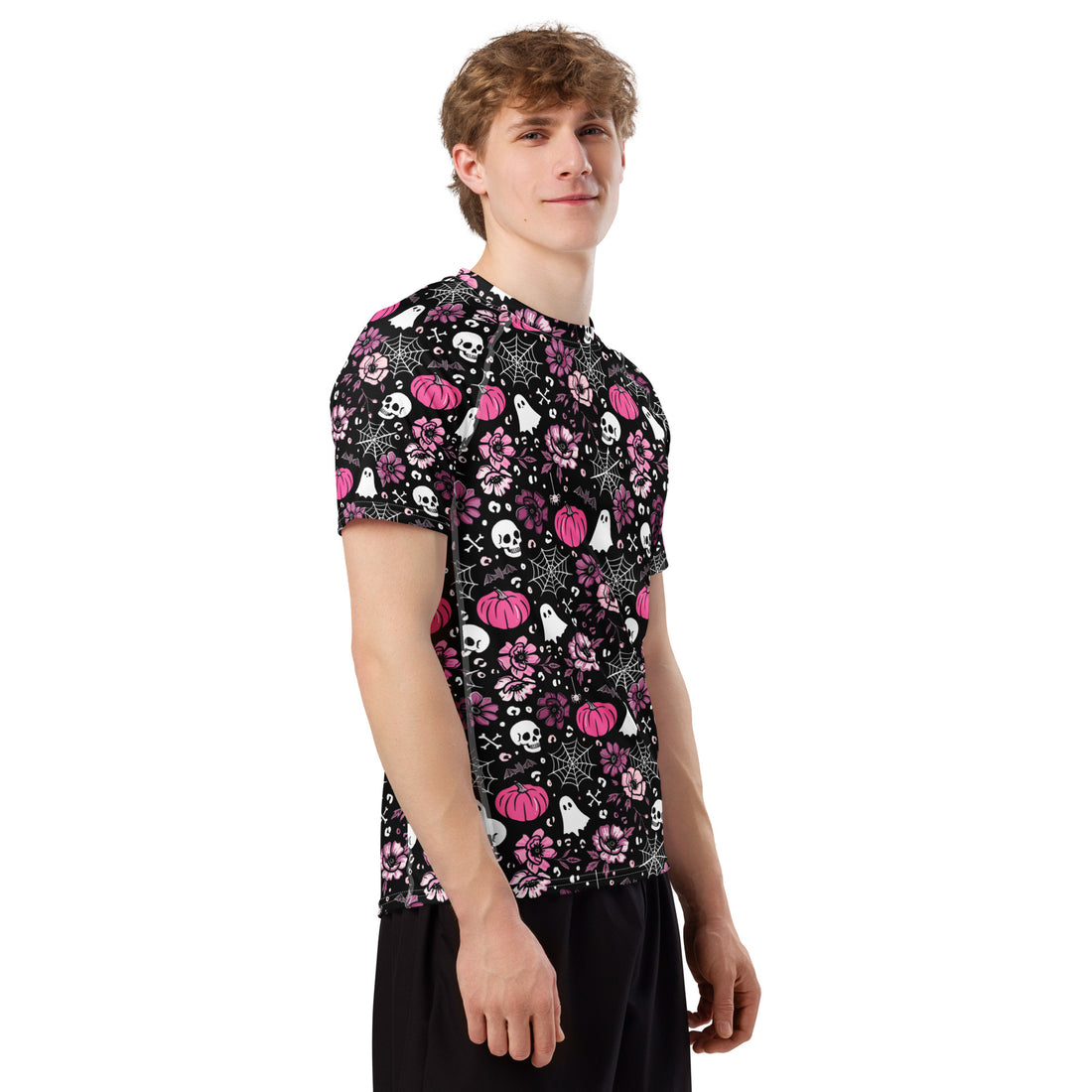 Men's pink Halloween-themed rash guard with all-over print, UPF 50+ protection, designed by Debz, featuring vibrant Halloween motifs.