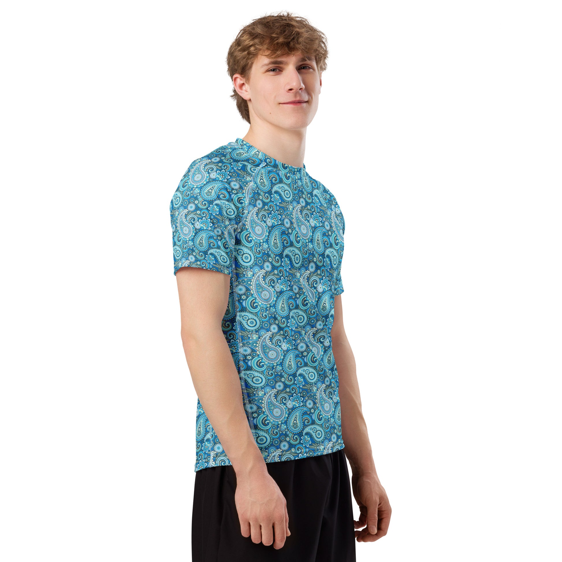 Blue paisley print men's rash guard with all-over design, short sleeves, made from recycled material, by Printful.